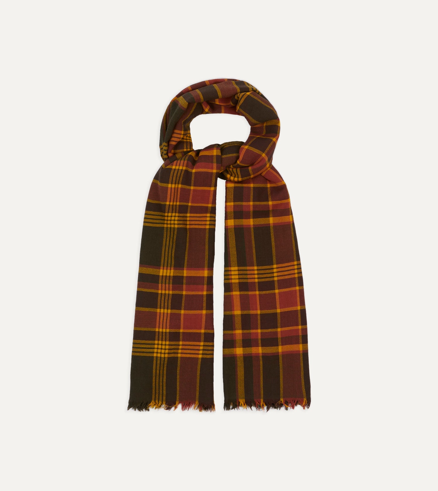 Brown and Red Tartan Check Wool Scarf