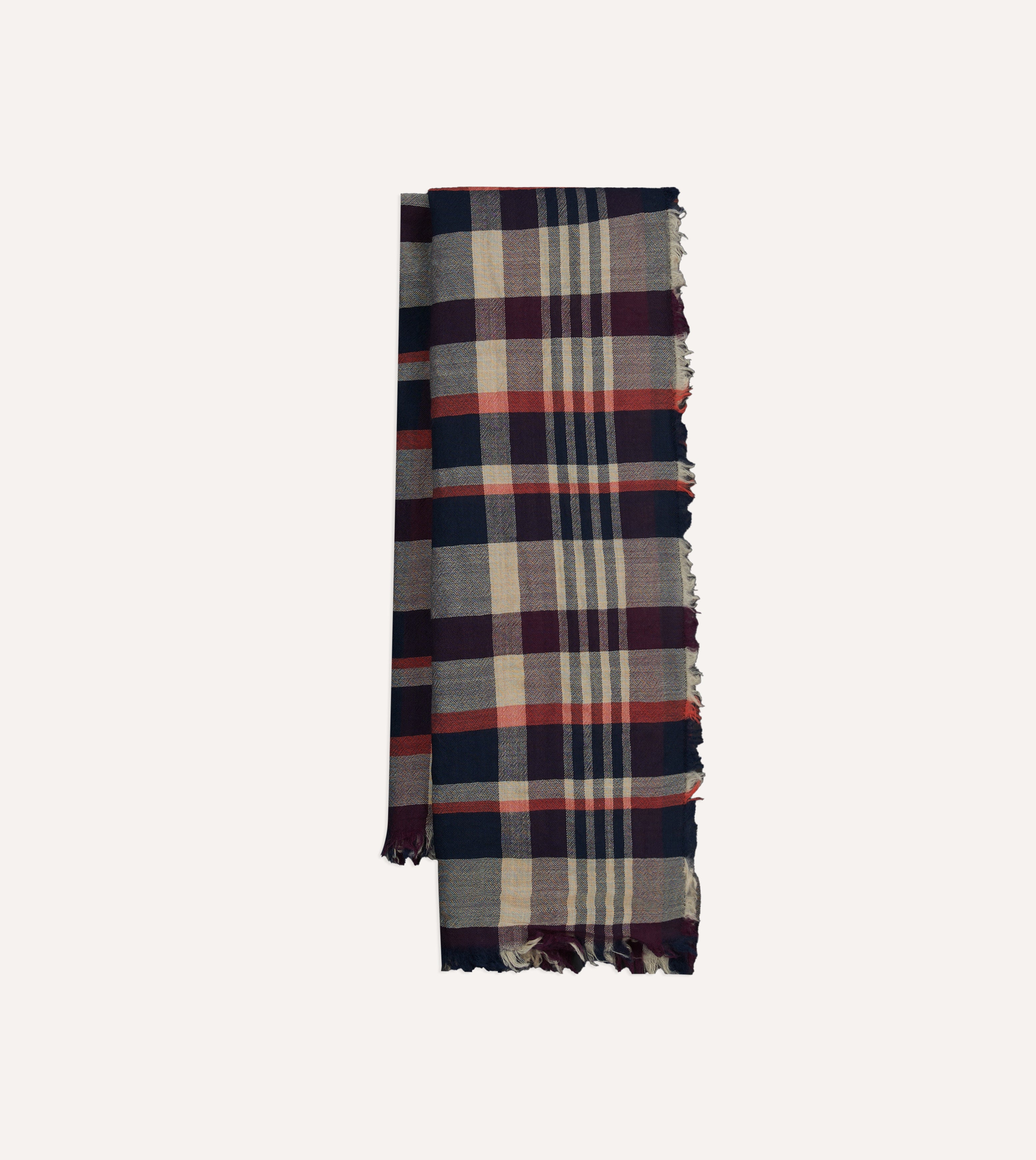 Navy, Red and Ecru Tartan Check Worsted Wool Scarf