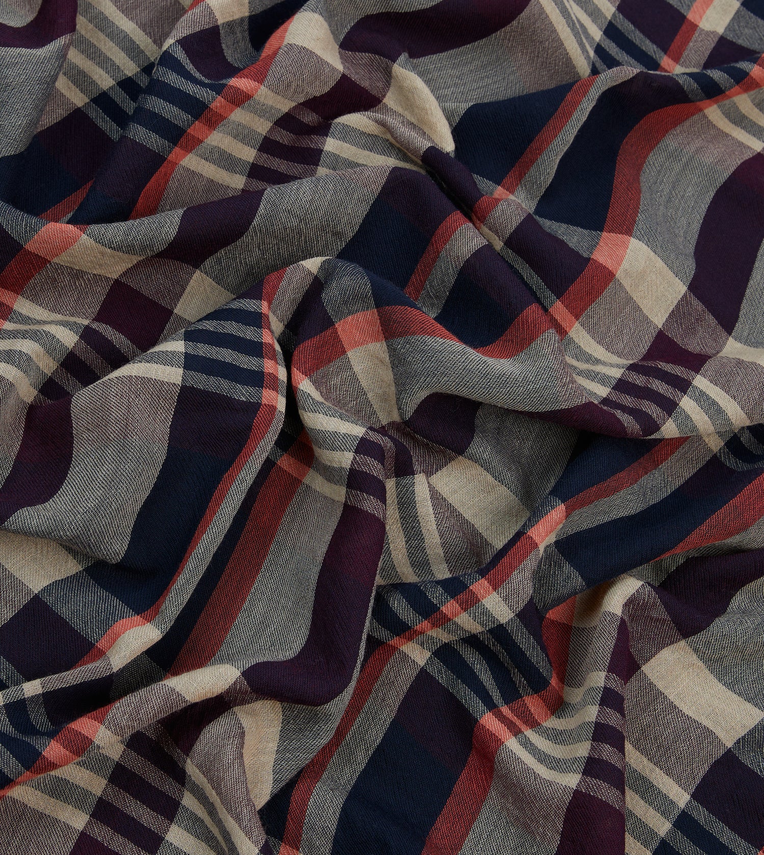 Navy, Red and Ecru Tartan Check Worsted Wool Scarf