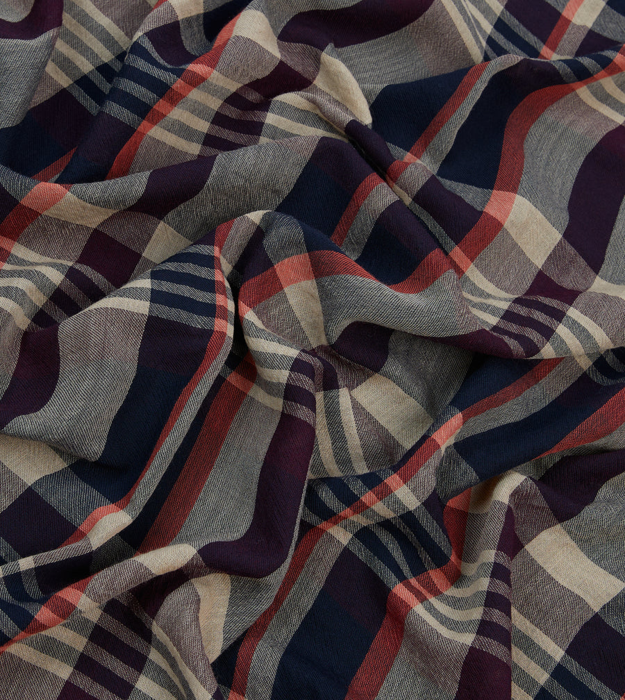 Navy, Red and Ecru Tartan Check Worsted Wool Scarf