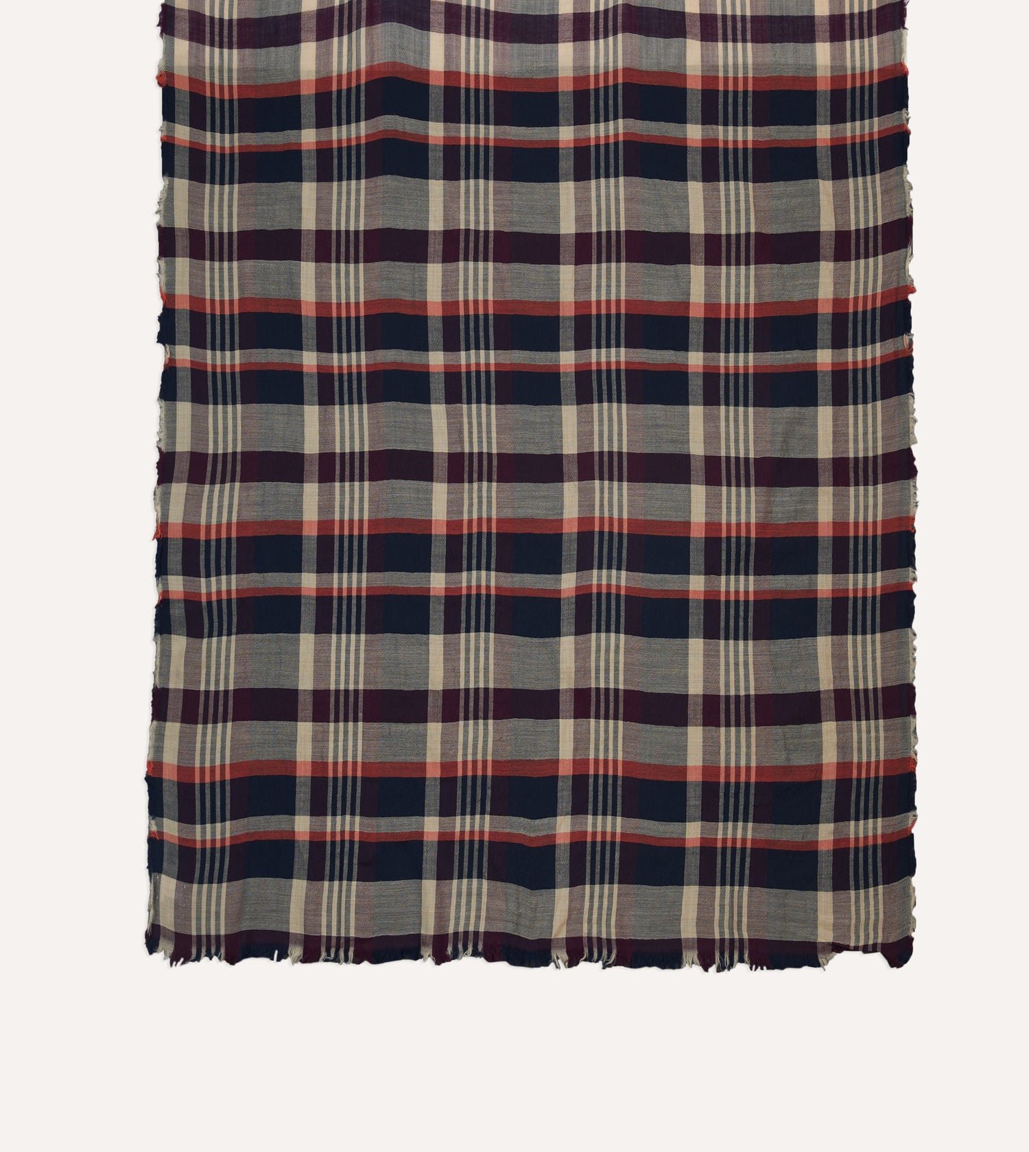 Navy, Red and Ecru Tartan Check Worsted Wool Scarf