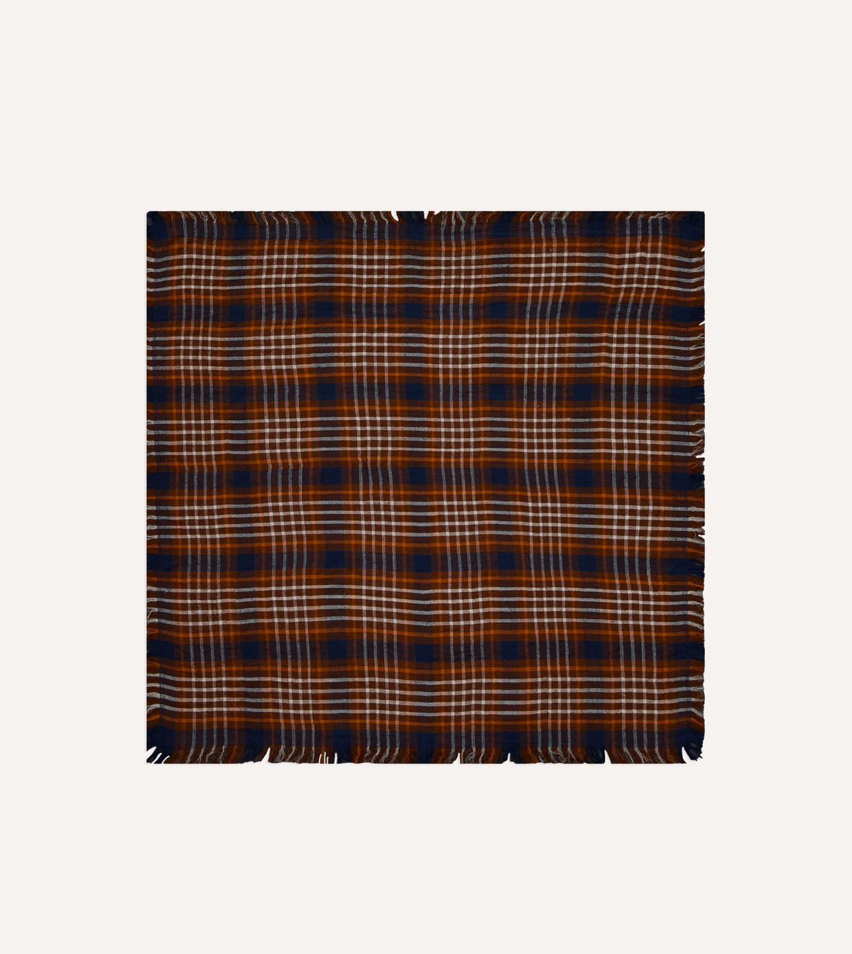 Navy and Orange Check Cashmere Square Scarf