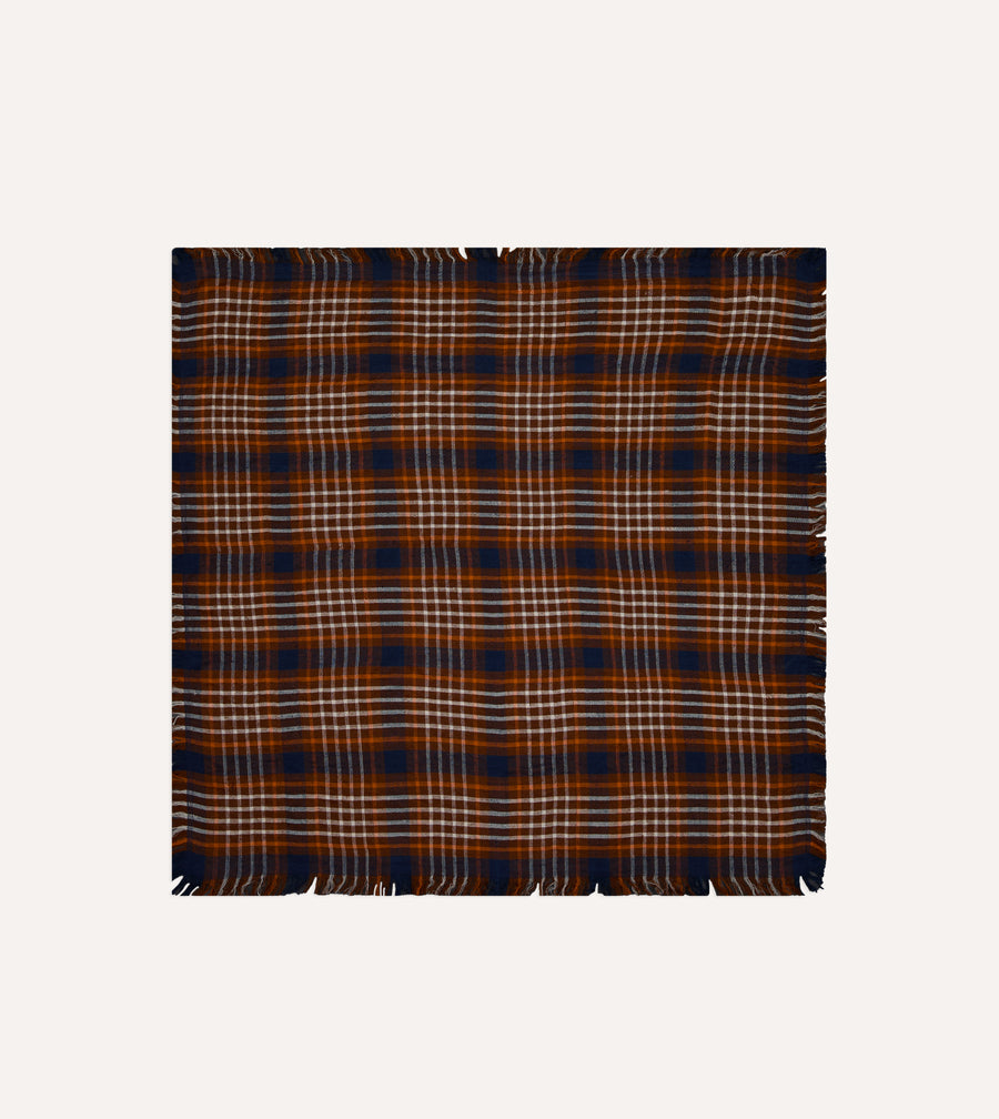 Navy and Orange Check Cashmere Square Scarf