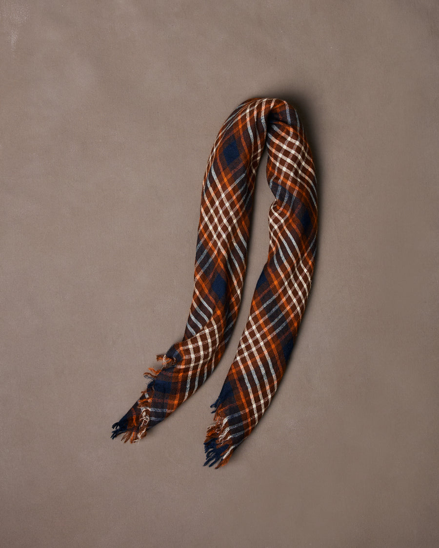 Navy and Orange Check Cashmere Square Scarf
