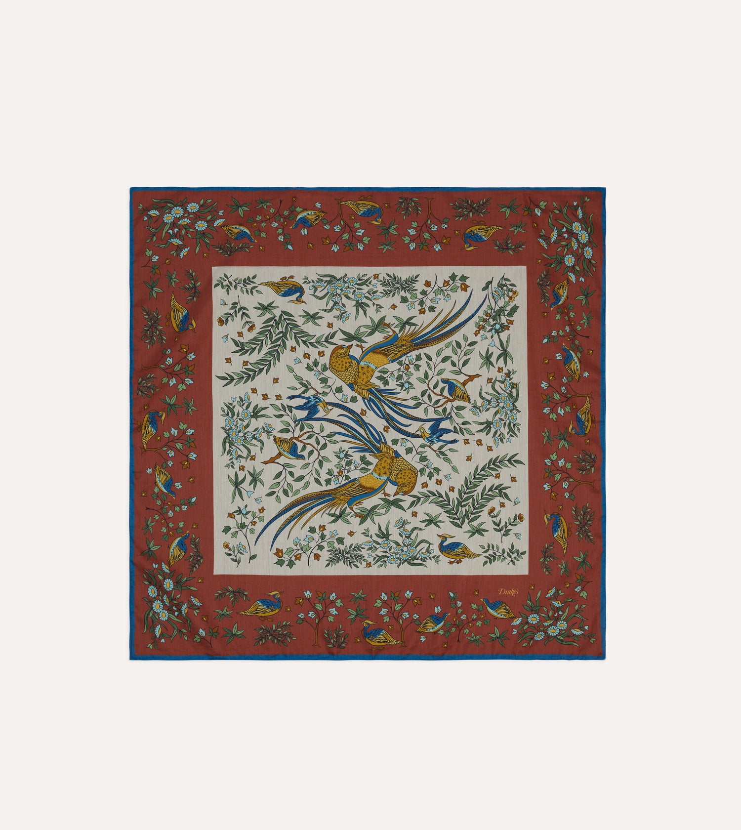 Red and Ecru Birds of Paradise Print Cotton-Silk Bandana