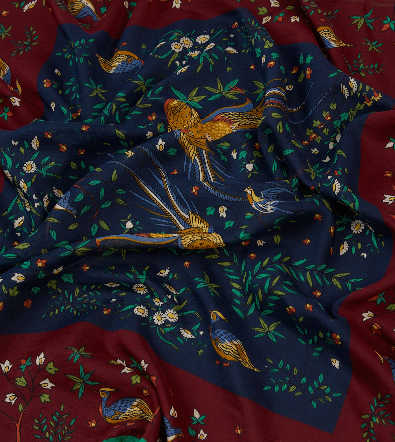 Red and Navy Birds of Paradise Print Cotton-Silk Bandana