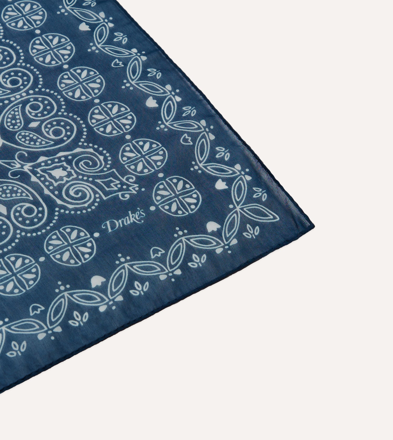 Navy Paisley Print Cotton-Silk Bandana