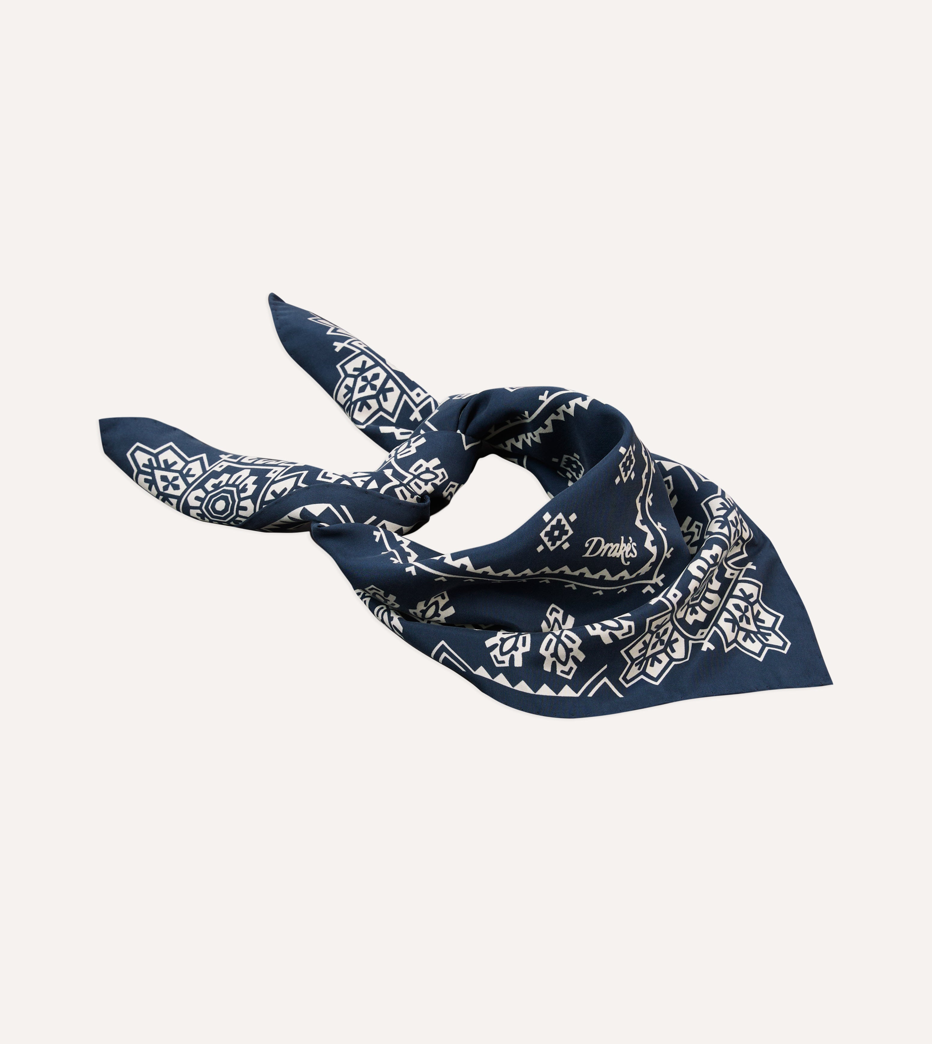 Navy Traditional Print Silk Bandana – Drakes US