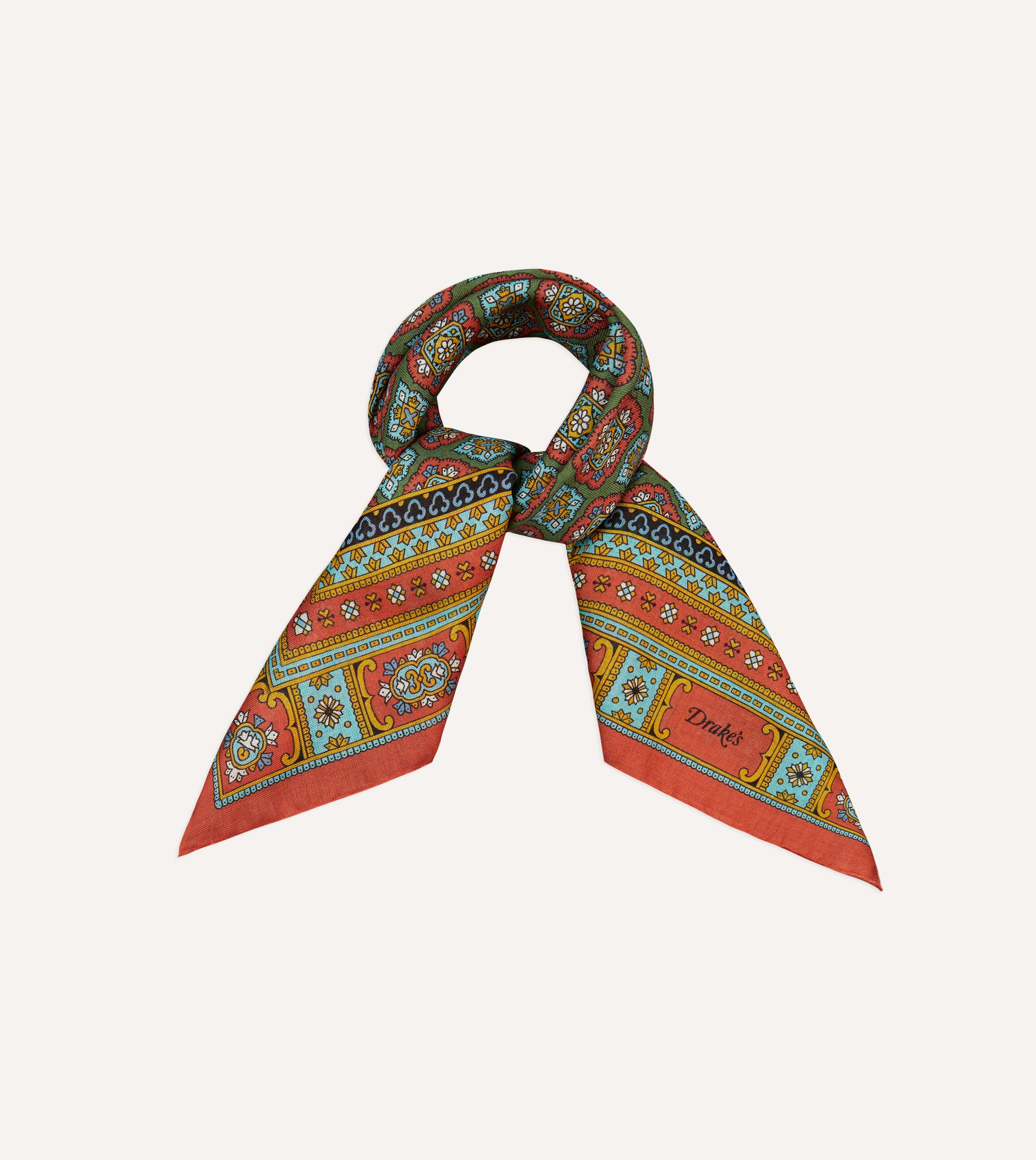 Red, Blue and Gold Floral Medallion Print Wool-Silk Bandana
