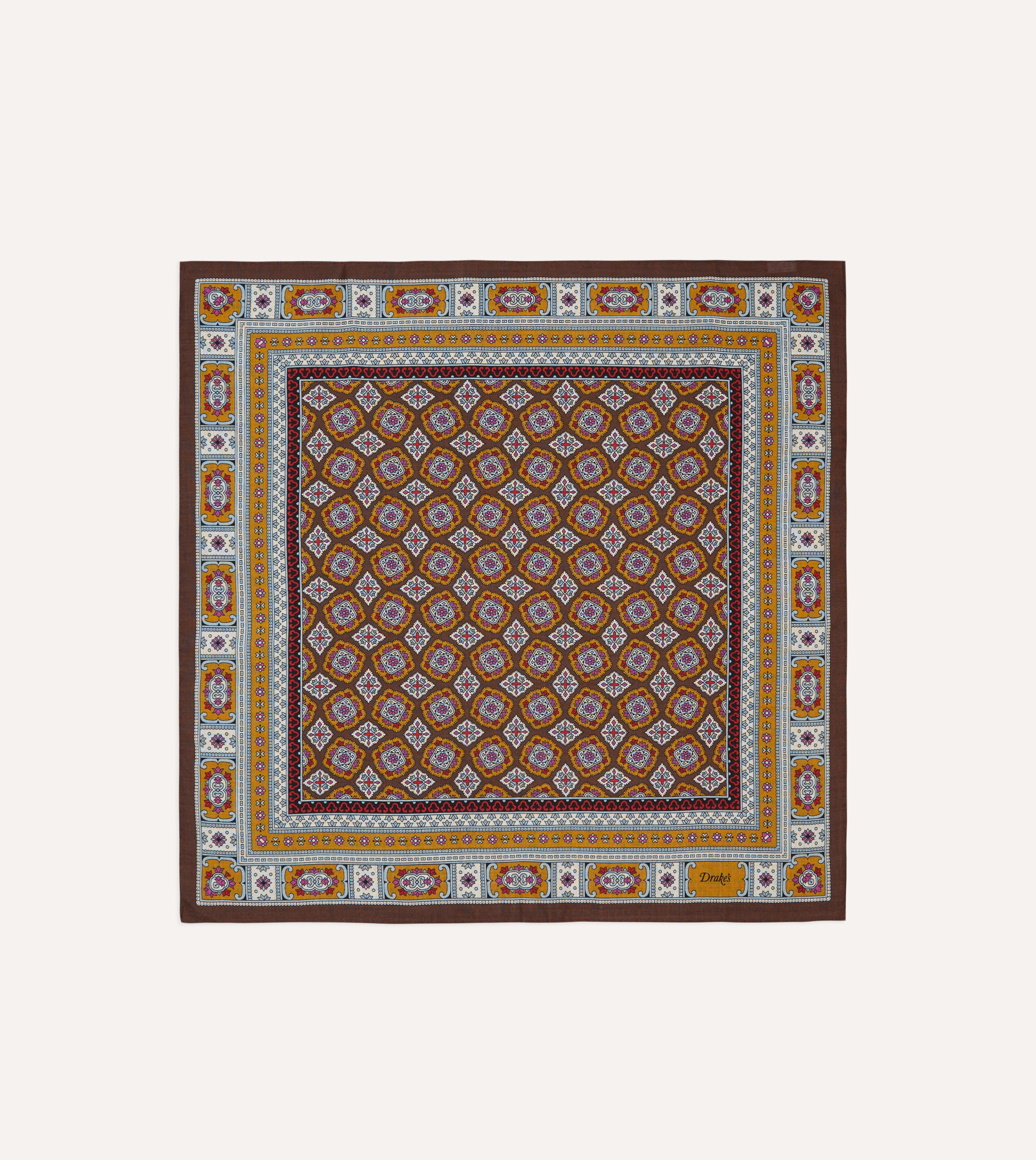 Brown, Blue and Gold Floral Medallion Print Wool-Silk Bandana