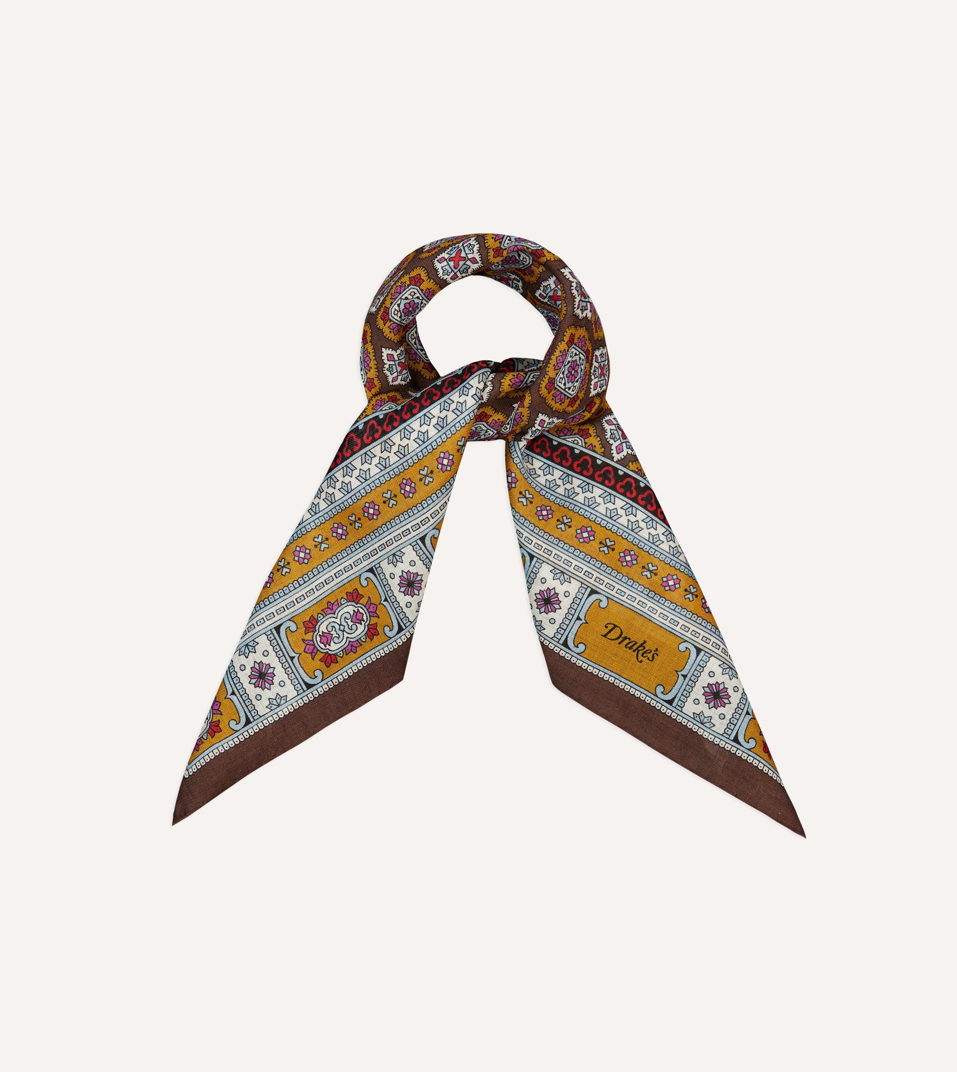 Brown, Blue and Gold Floral Medallion Print Wool-Silk Bandana