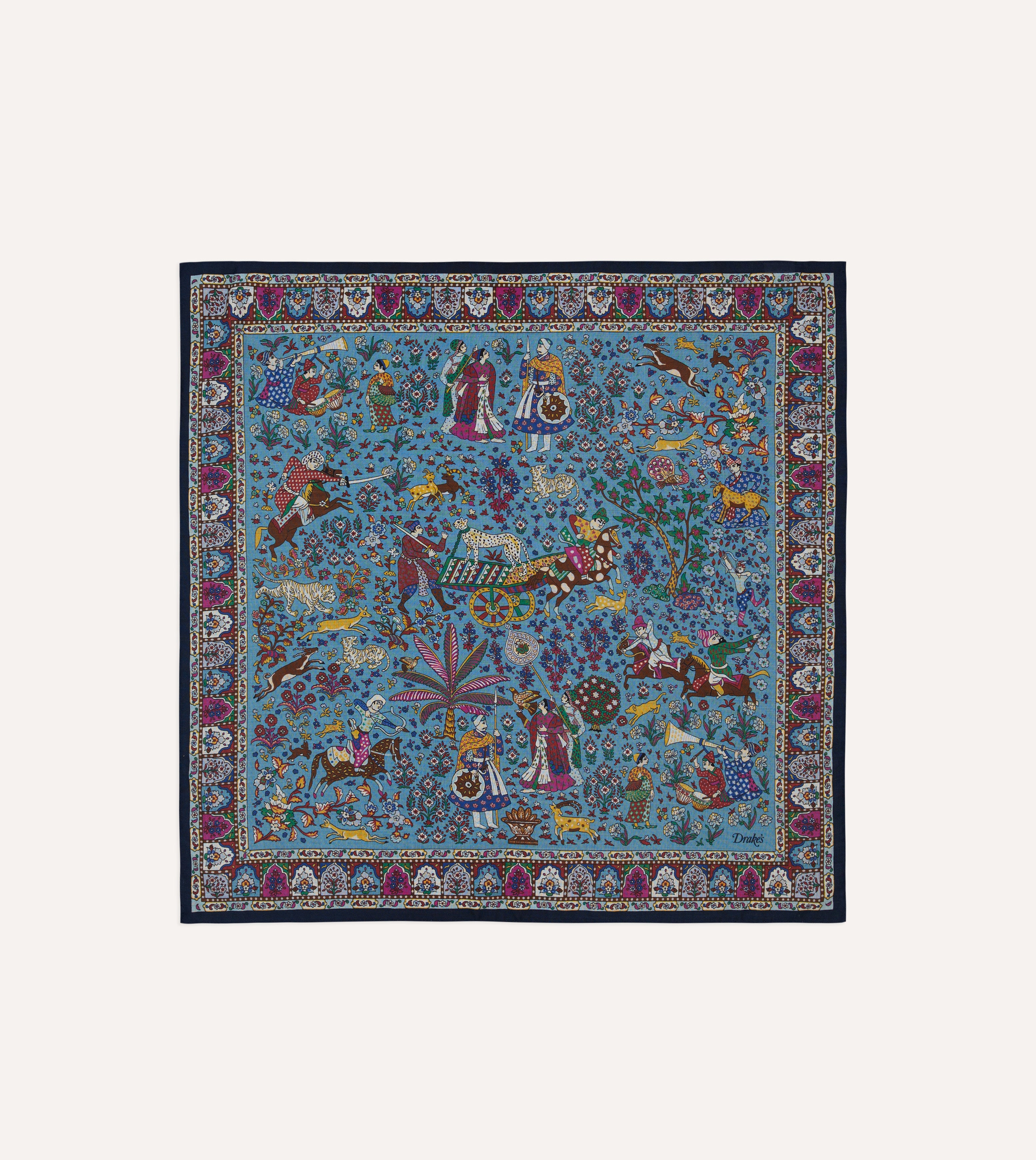 Navy Floral Mughal Print Wool-Silk Bandana