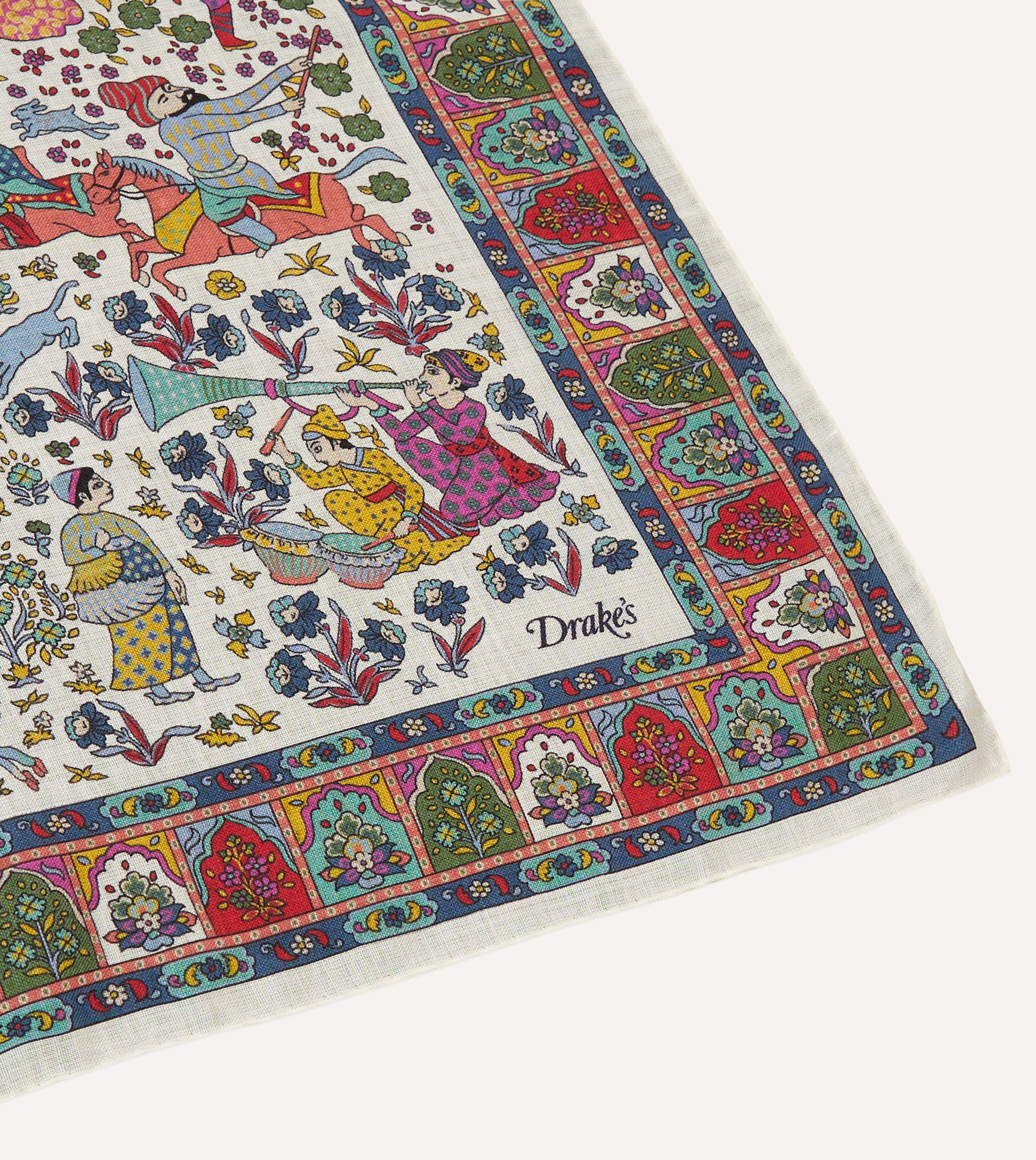 Ecru Floral Mughal Print Wool-Silk Bandana – Drakes US