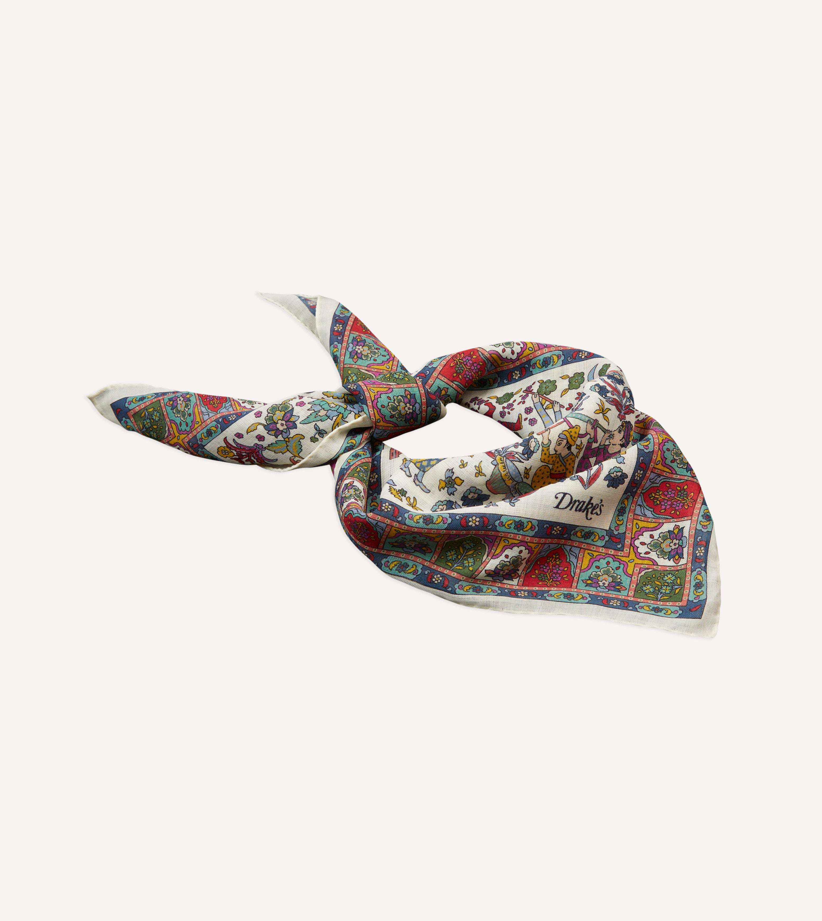Ecru Floral Mughal Print Wool-Silk Bandana – Drakes US