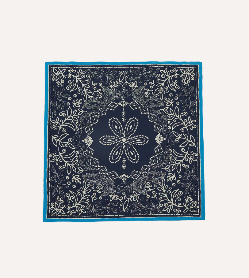 Navy Floral Paisley Print Silk Bandana