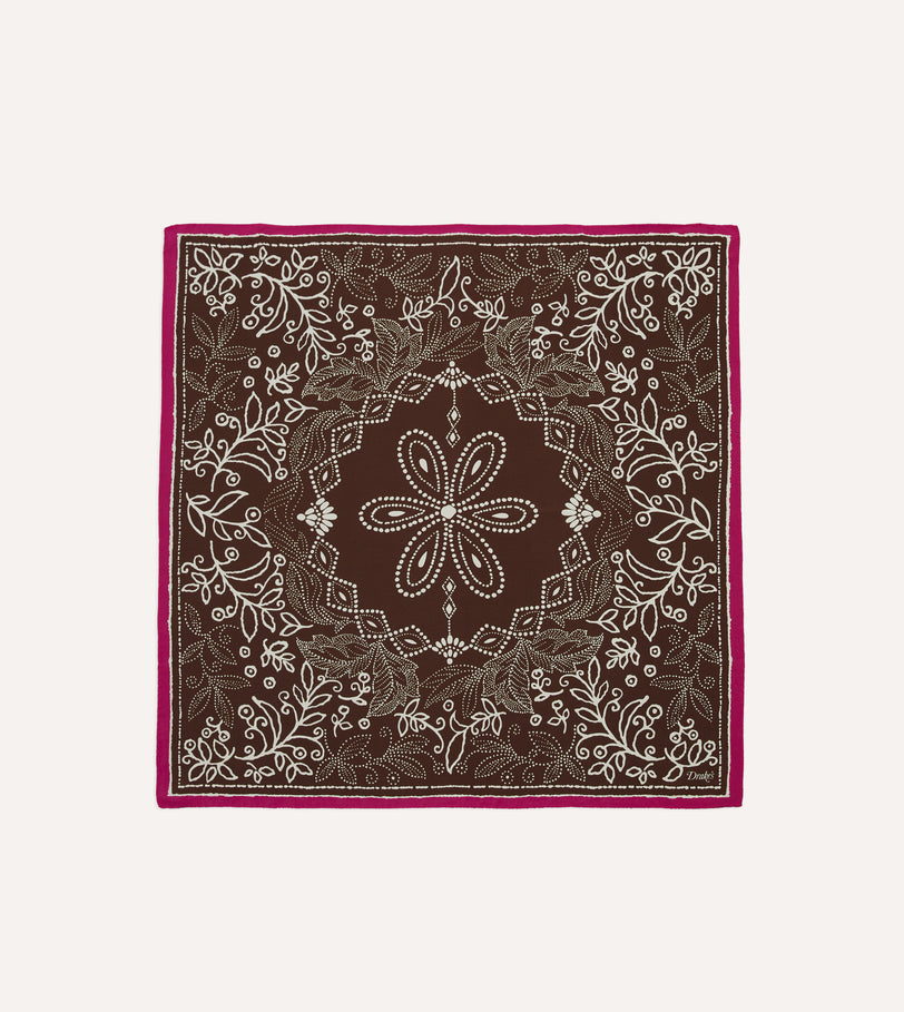 Brown Floral Paisley Print Silk Bandana