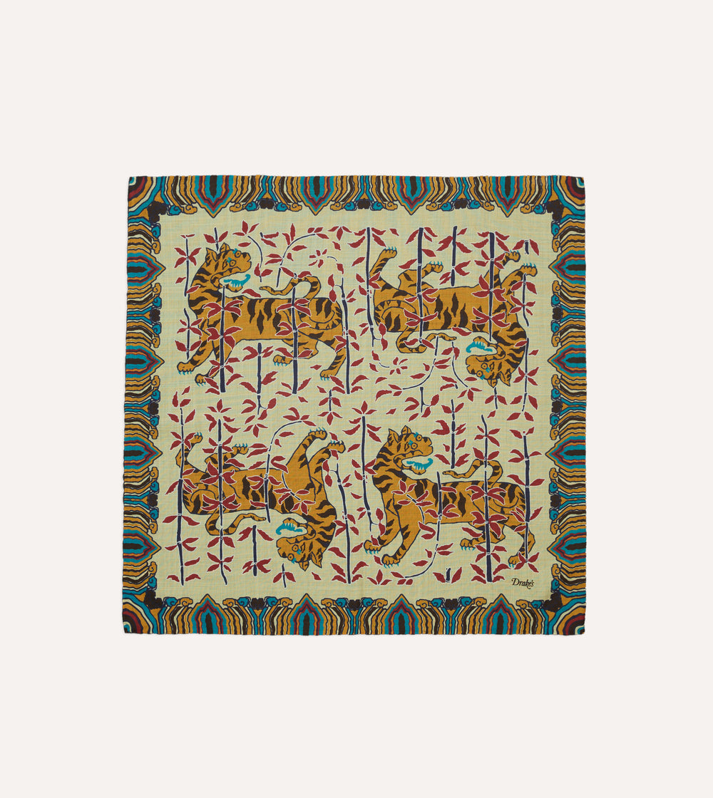 Ecru Tigers Print Wool-Silk Bandana