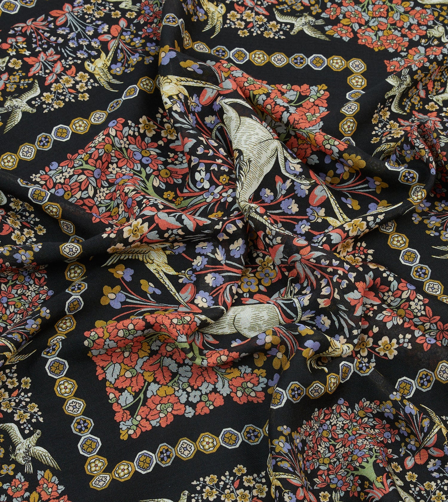 Black Mythical Forest Print Wool-Silk Bandana