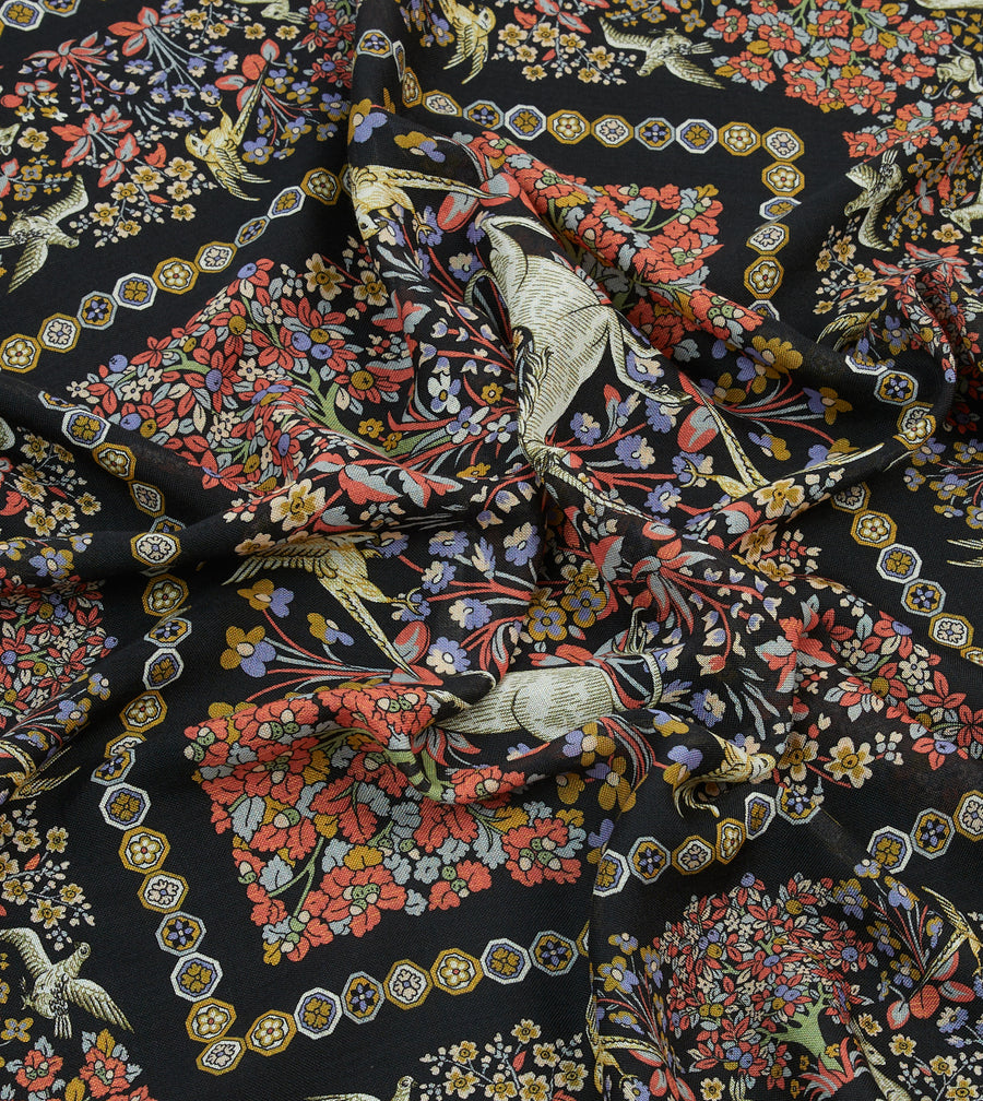 Black Mythical Forest Print Wool-Silk Bandana