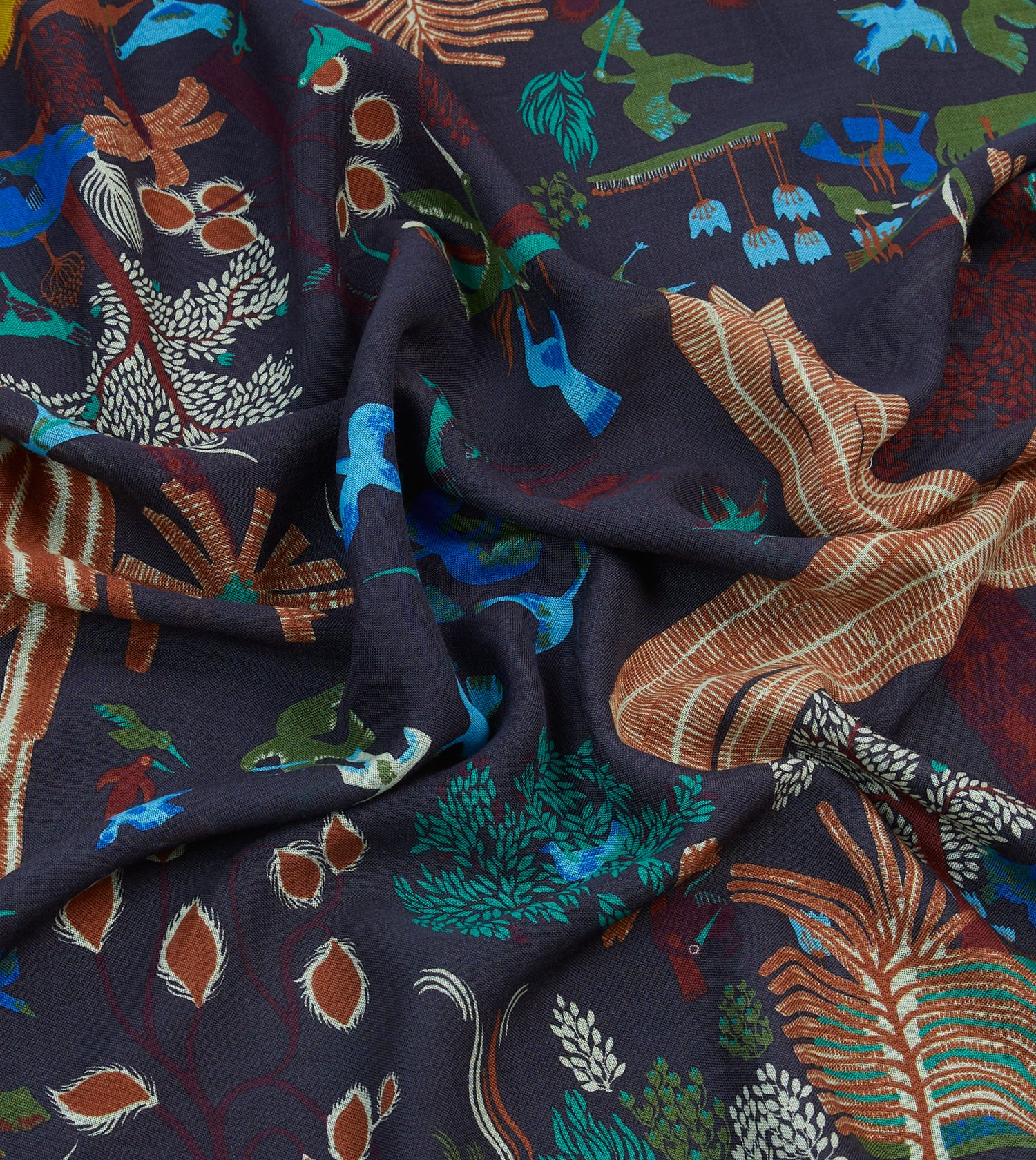 Navy Palm Print Wool-Silk Bandana