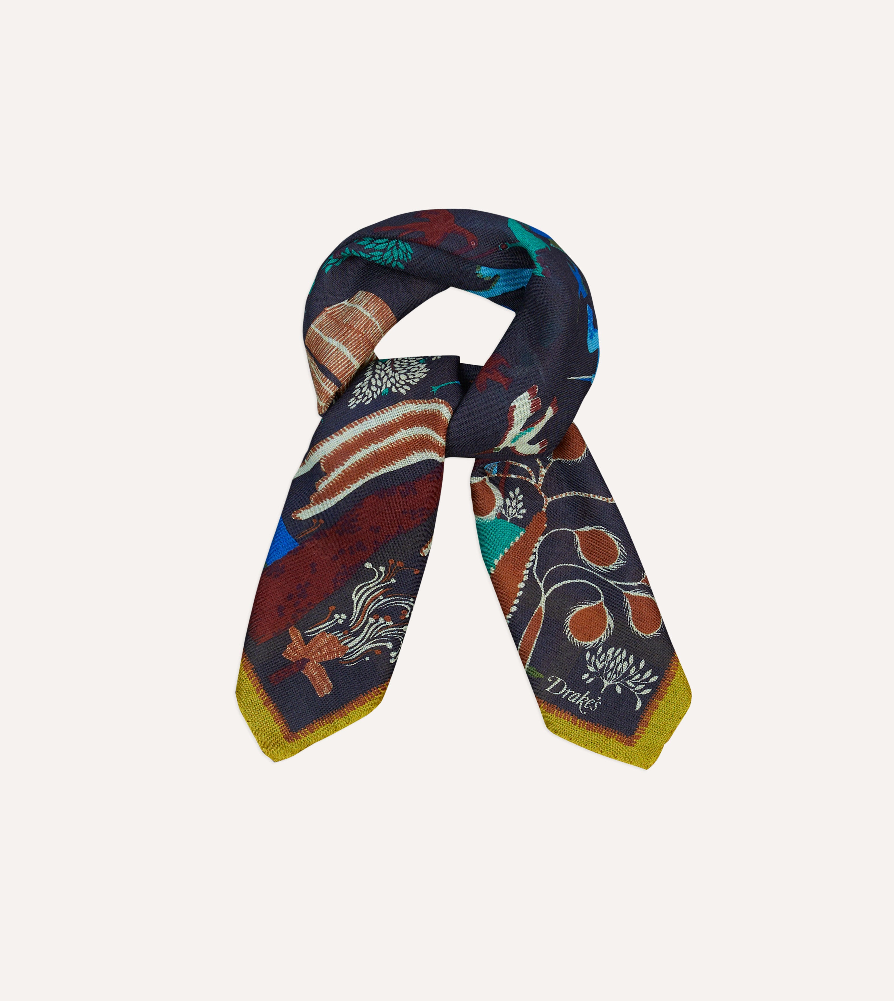 Navy Palm Print Wool-Silk Bandana
