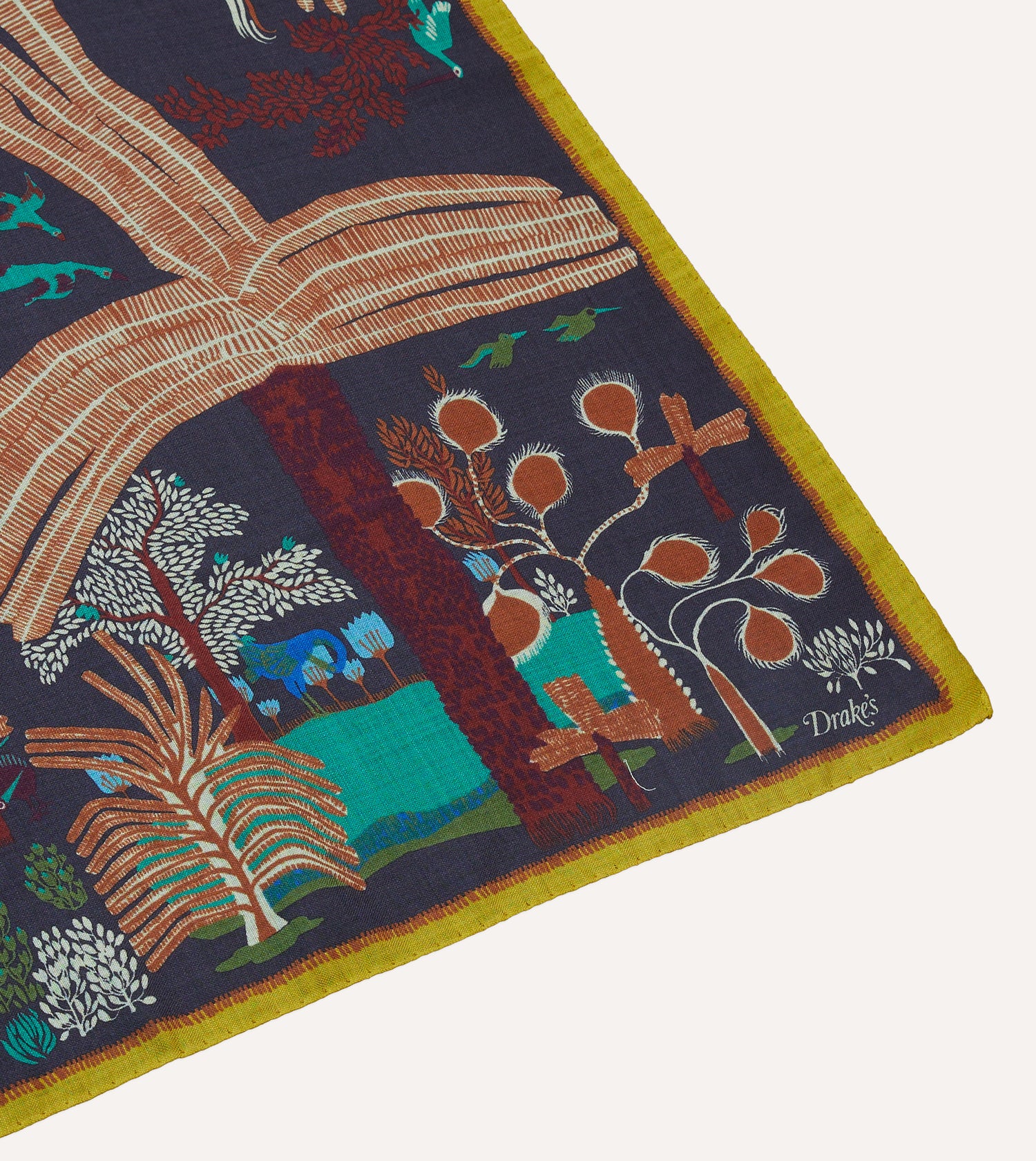 Navy Palm Print Wool-Silk Bandana