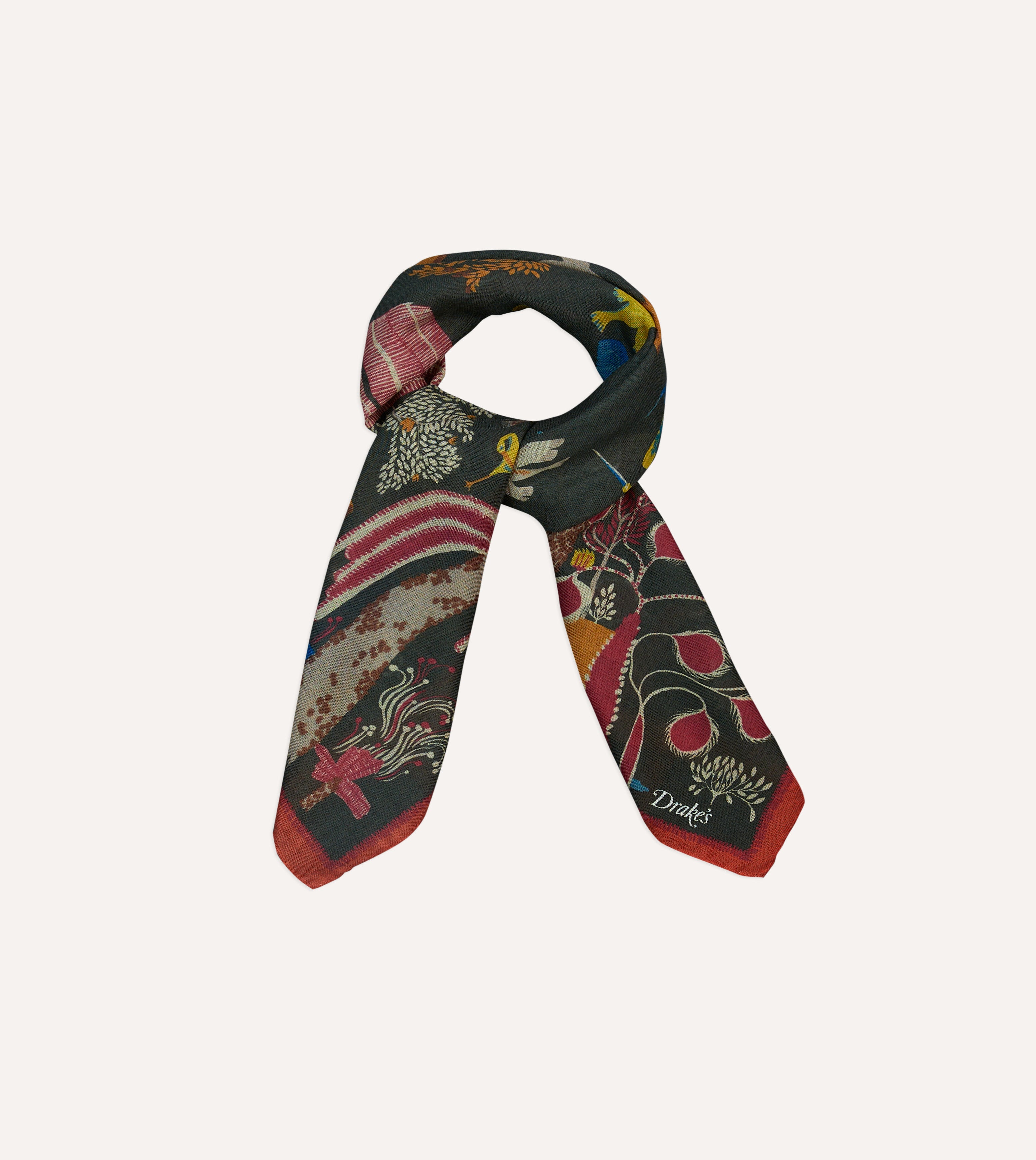 Green Palm Print Wool-Silk Bandana