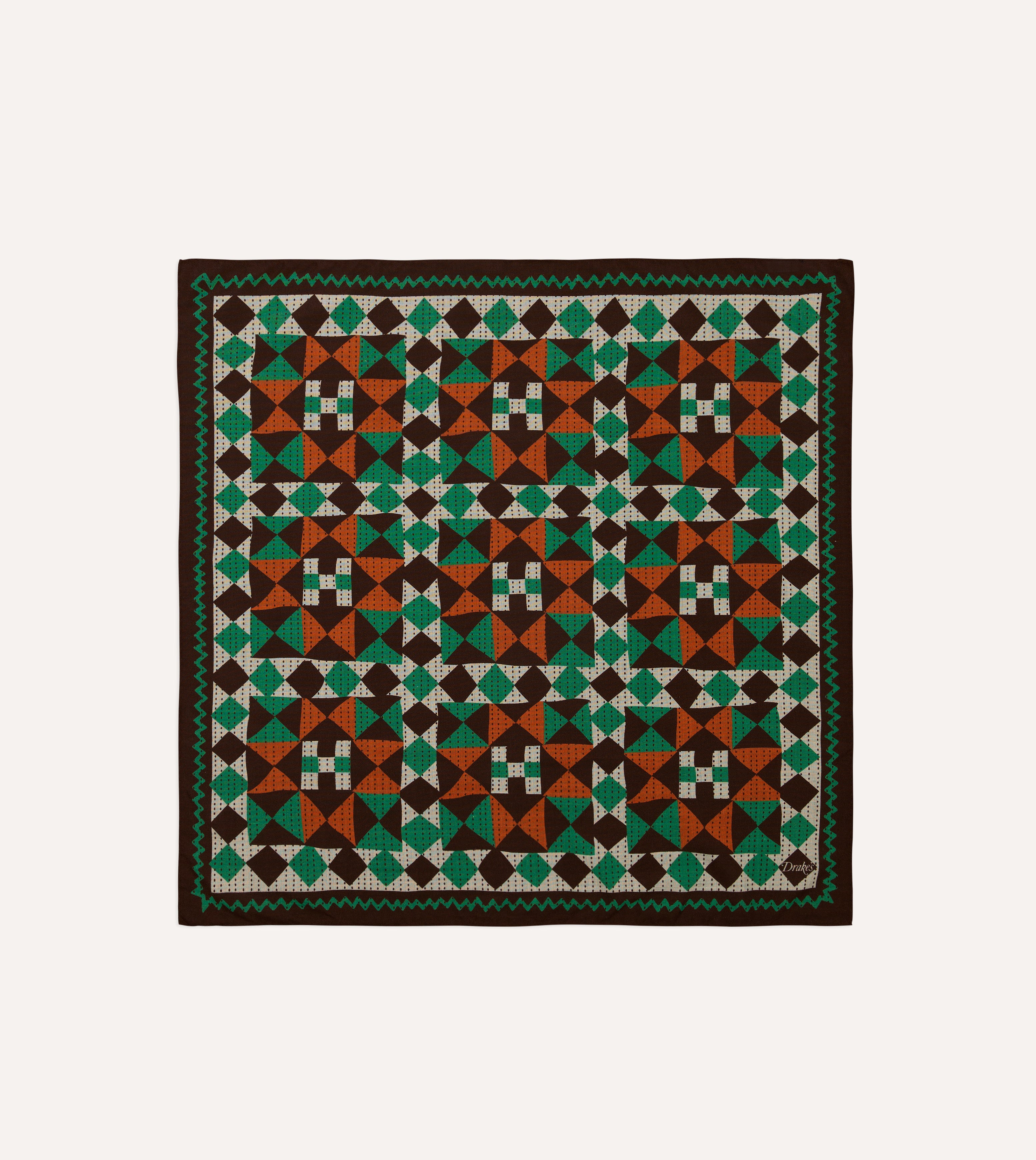 Brown Patchwork Print Wool-Silk Bandana