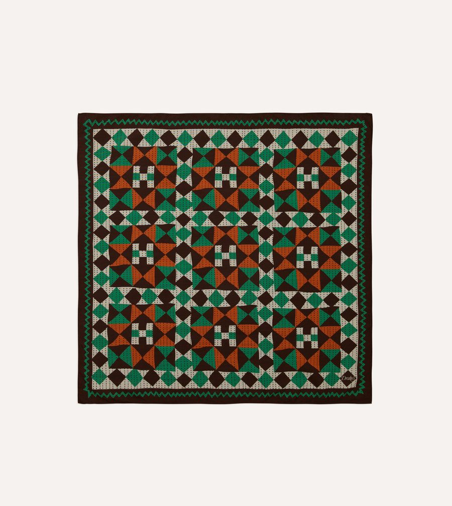 Brown Patchwork Print Wool-Silk Bandana