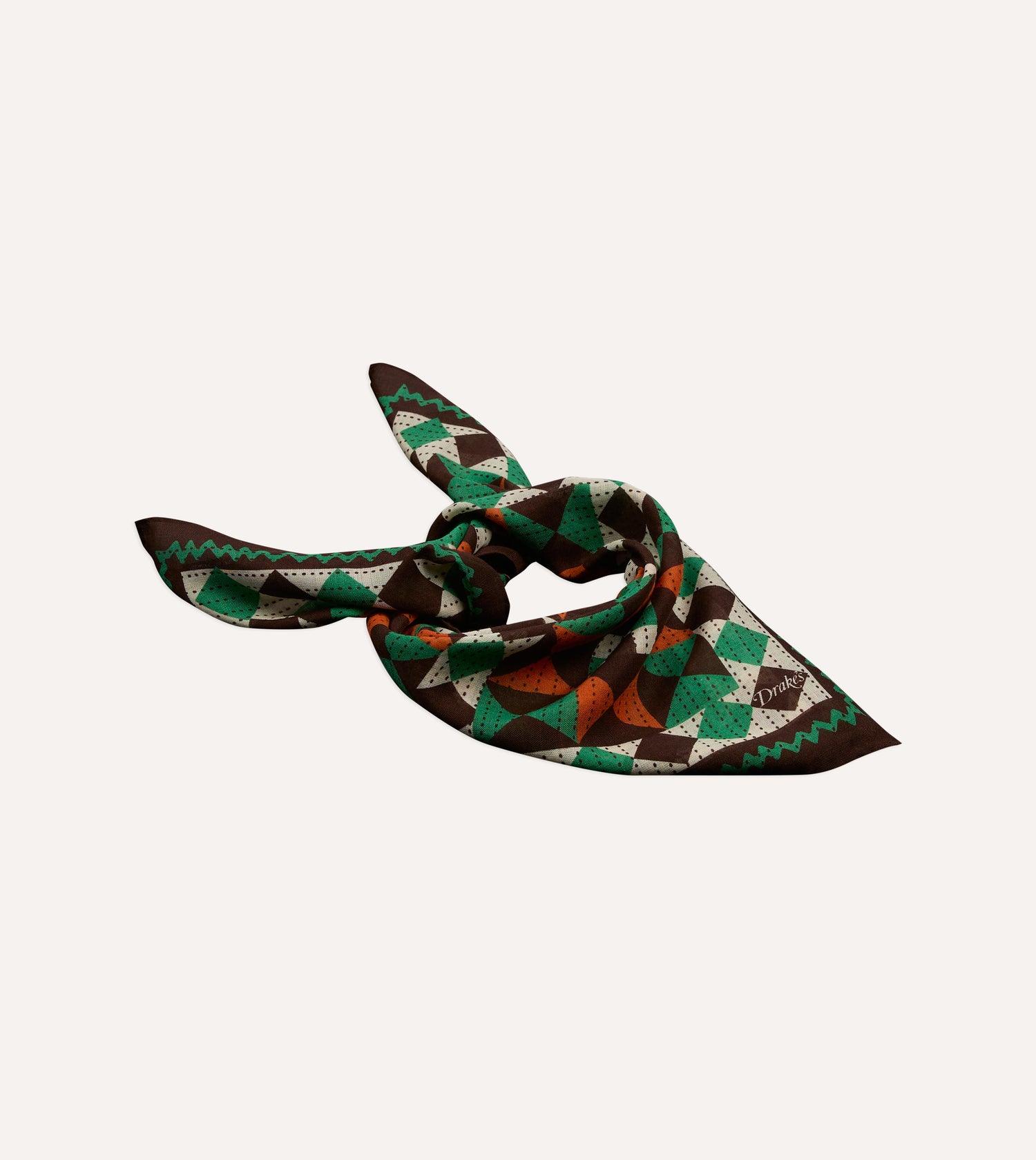 Brown Patchwork Print Wool-Silk Bandana