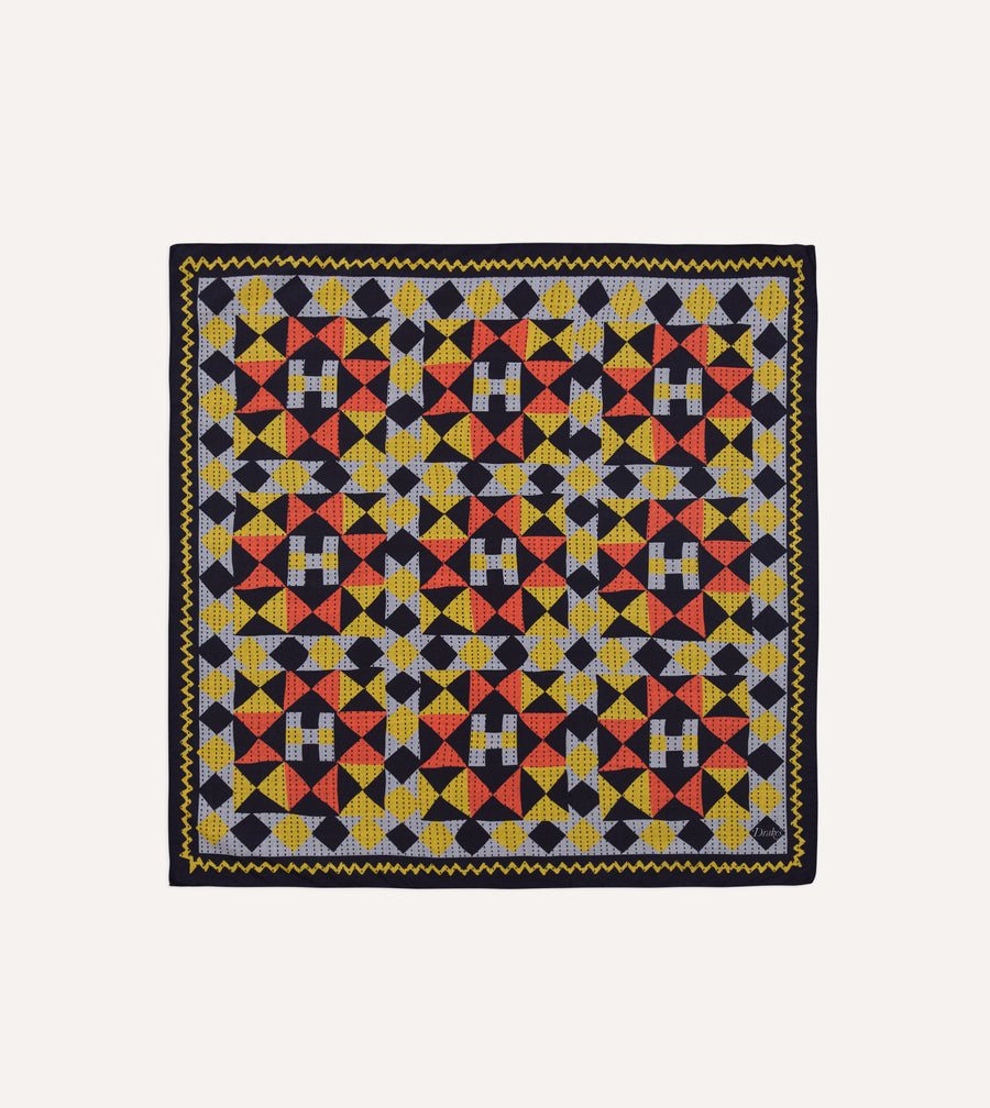 Navy Patchwork Print Wool-Silk Bandana