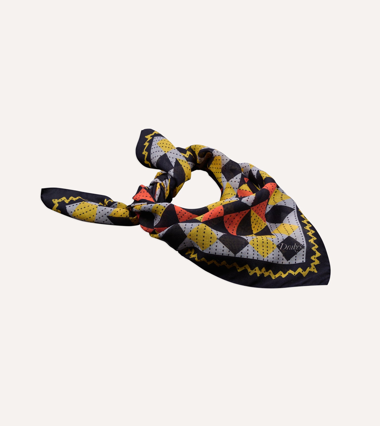 Navy Patchwork Print Wool-Silk Bandana