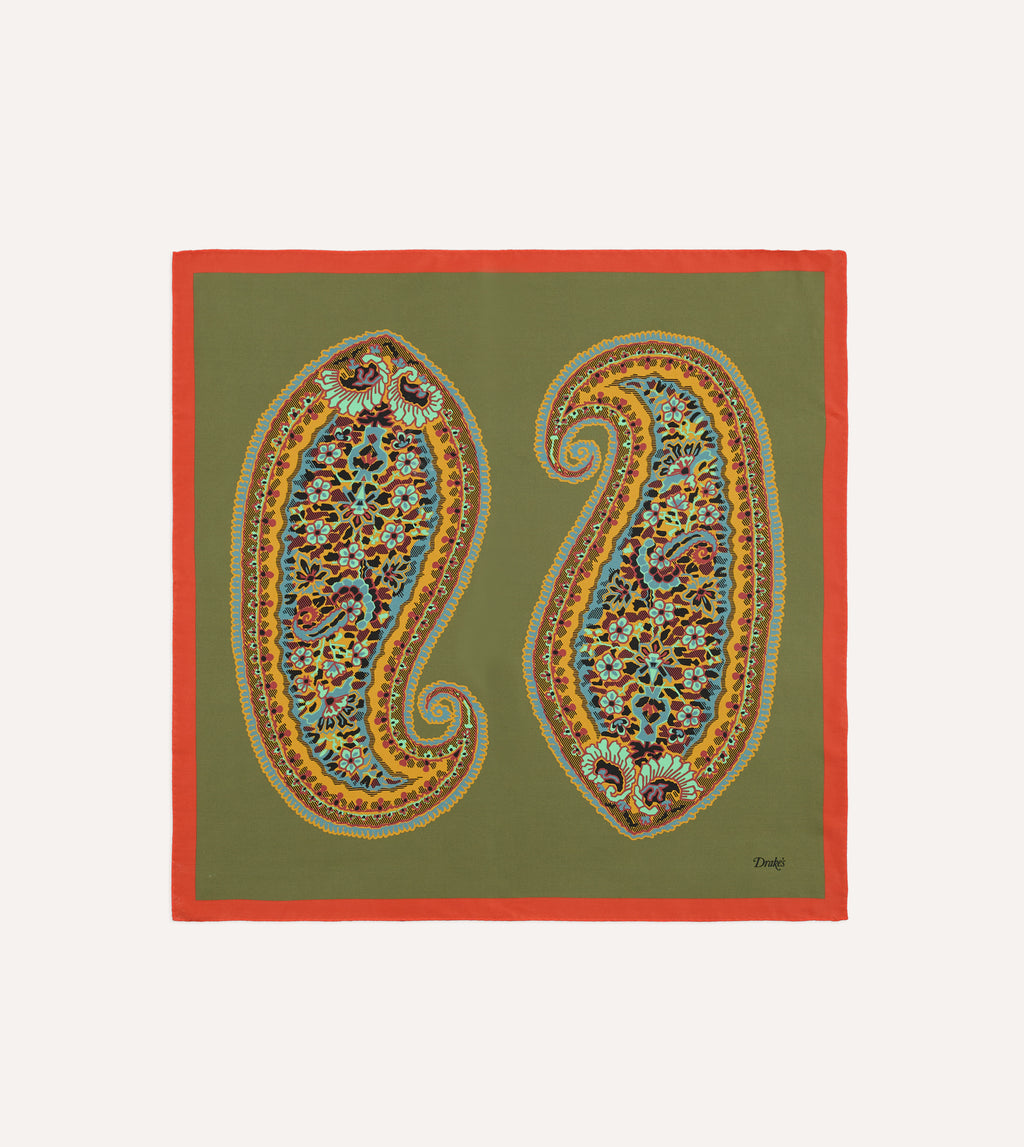 Olive Jumbo Paisley Print Silk Bandana – Drakes US