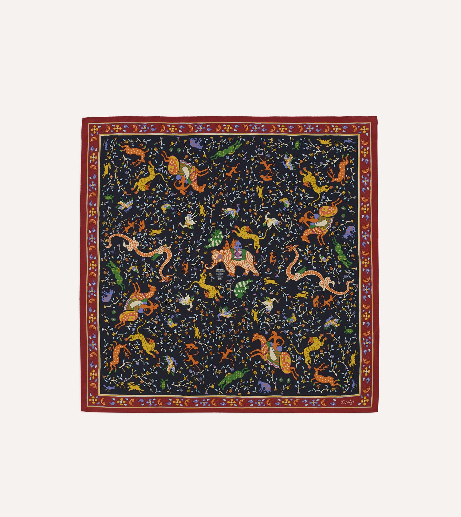 Navy Animals and Flowers Print Silk Bandana