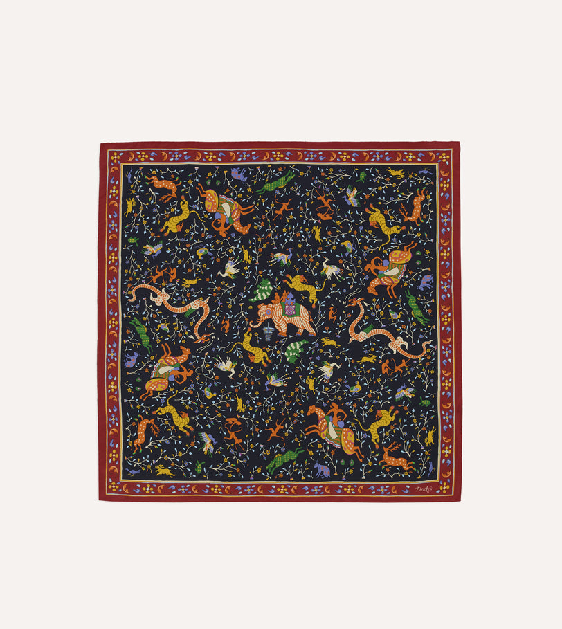 Navy Animals and Flowers Print Silk Bandana