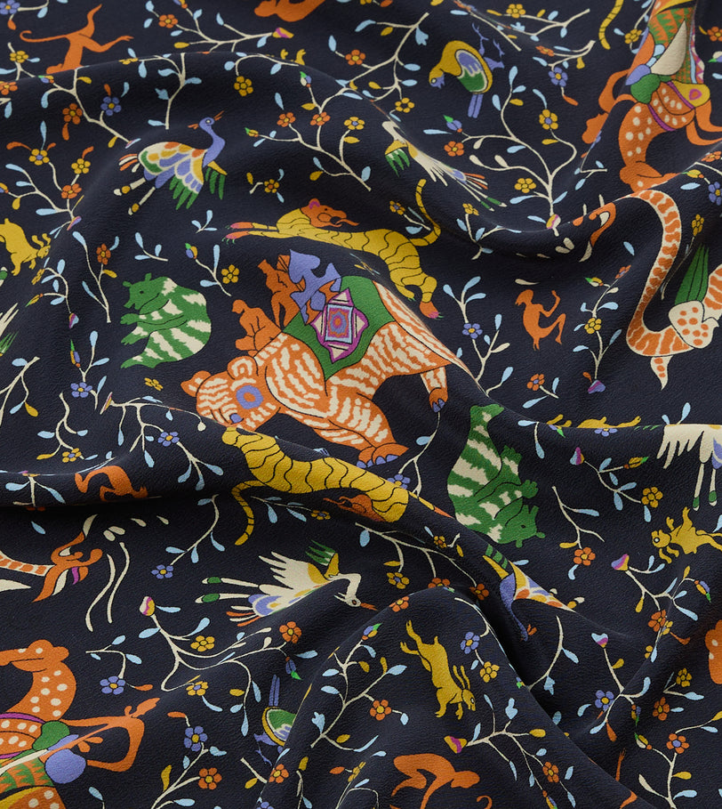 Navy Animals and Flowers Print Silk Bandana