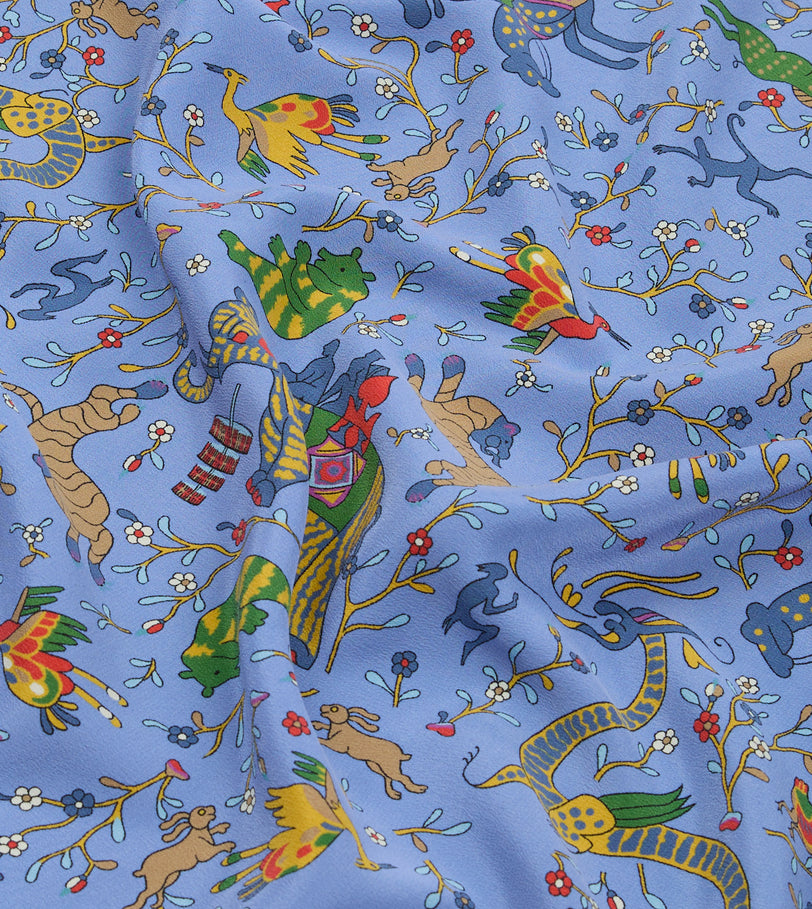 Blue Animals and Flowers Print Silk Bandana