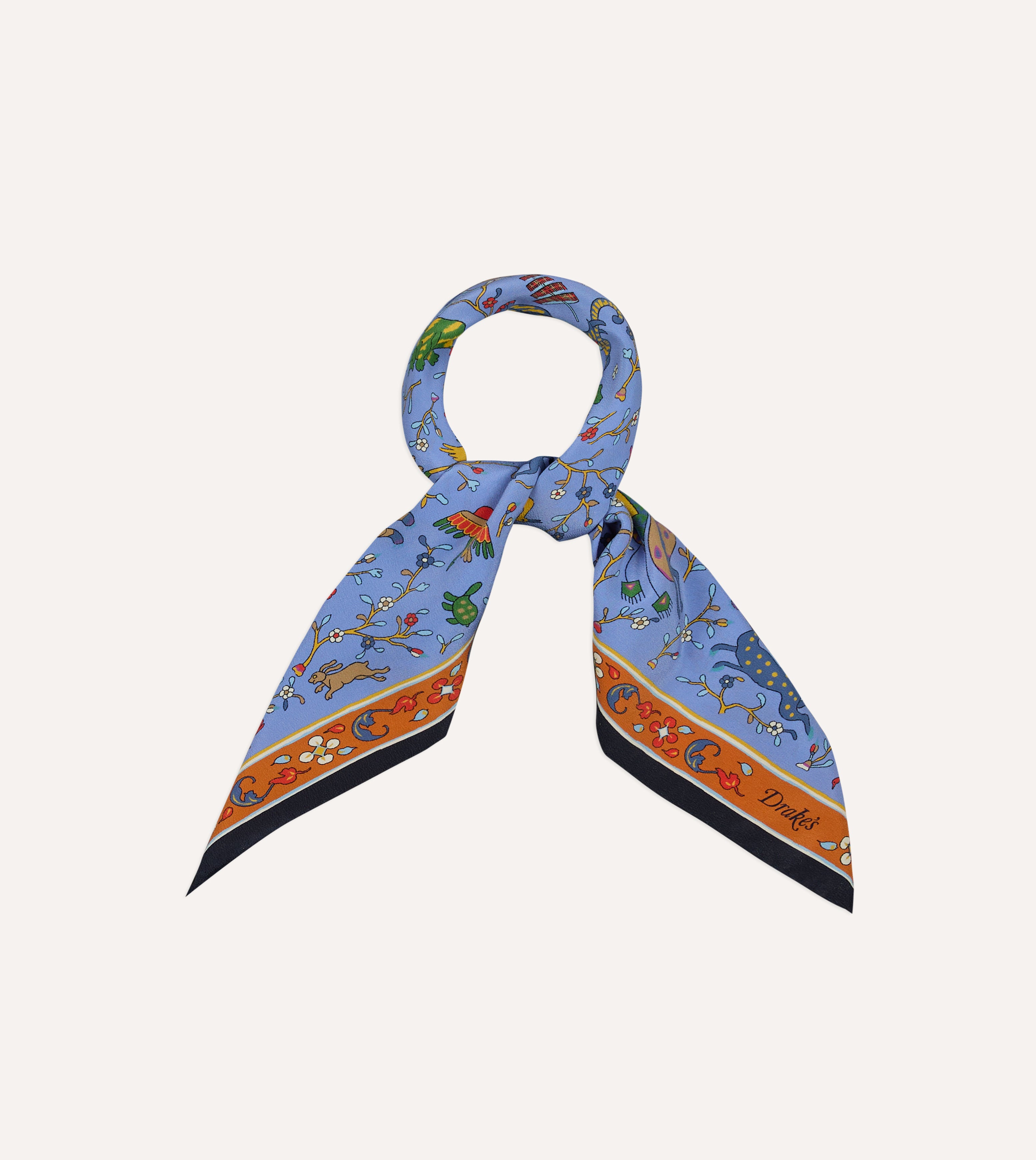 Blue Animals and Flowers Print Silk Bandana