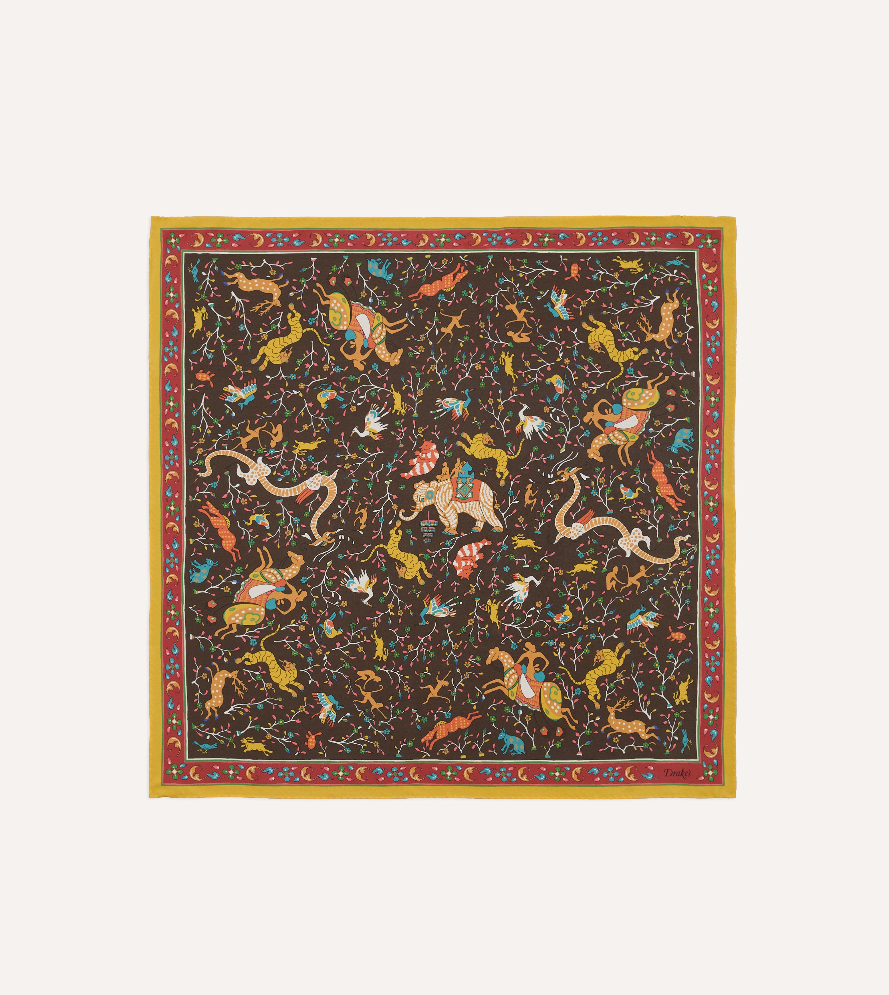 Brown Animals and Flowers Print Silk Bandana