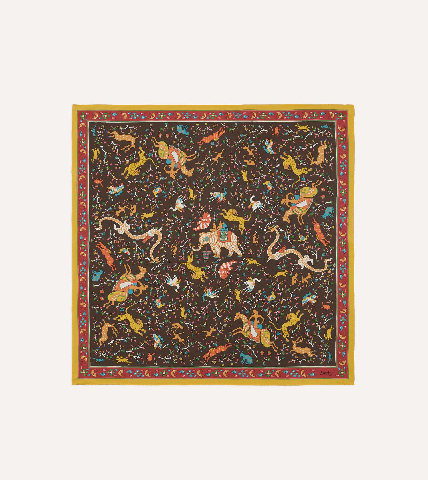 Brown Animals and Flowers Print Silk Bandana