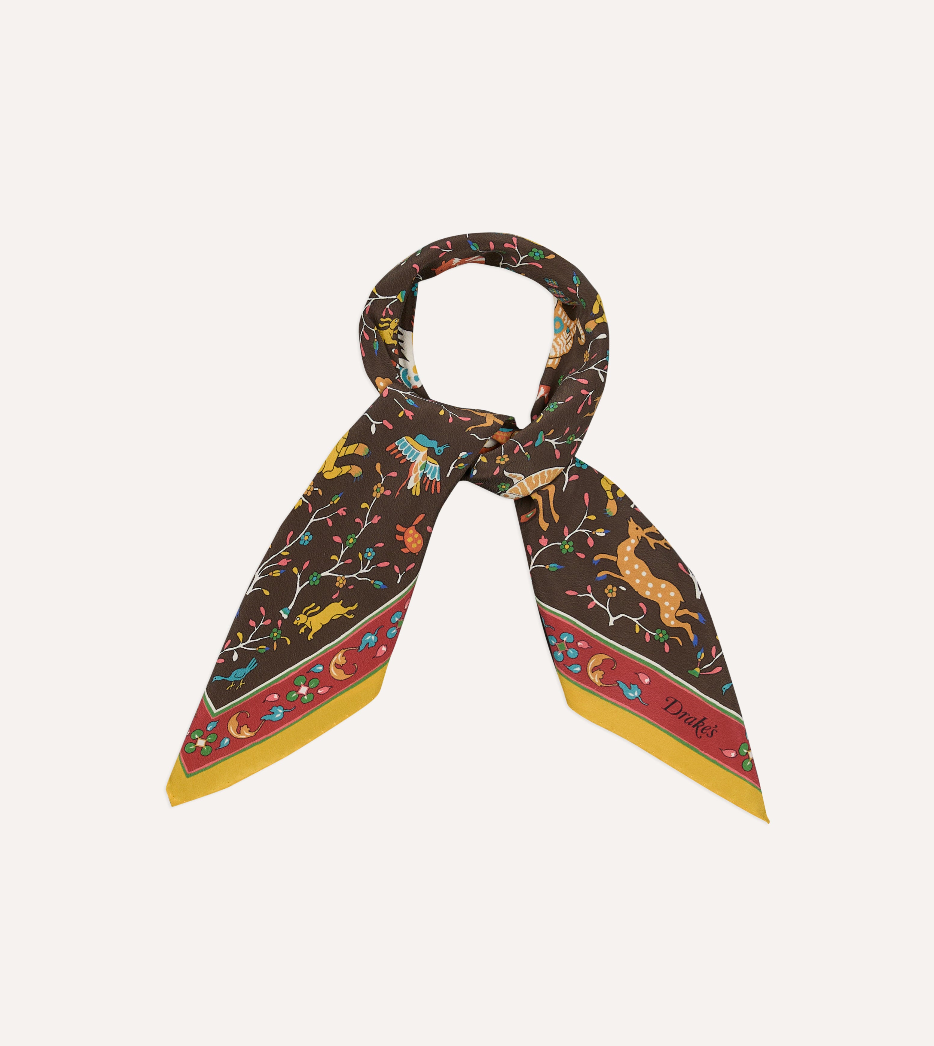 Brown Animals and Flowers Print Silk Bandana