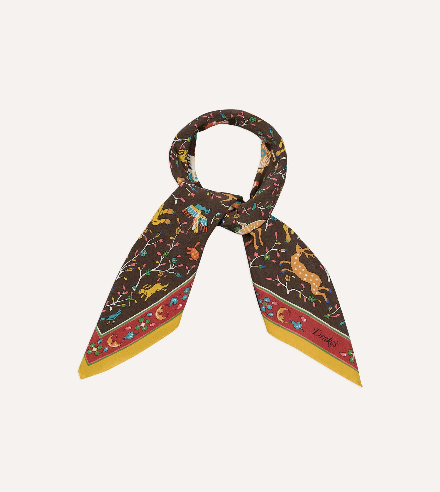 Brown Animals and Flowers Print Silk Bandana