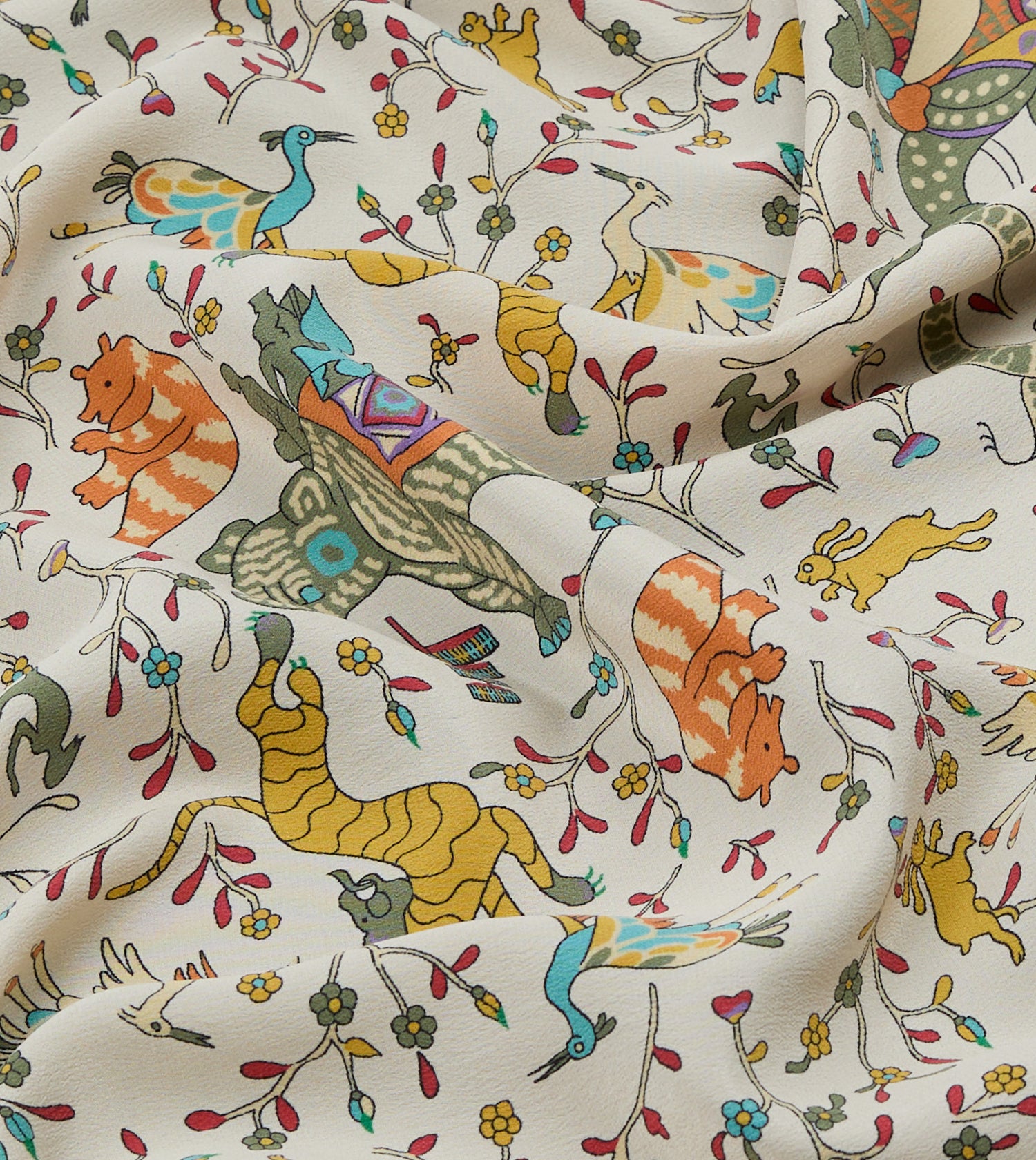 Ecru Animals and Flowers Print Silk Bandana