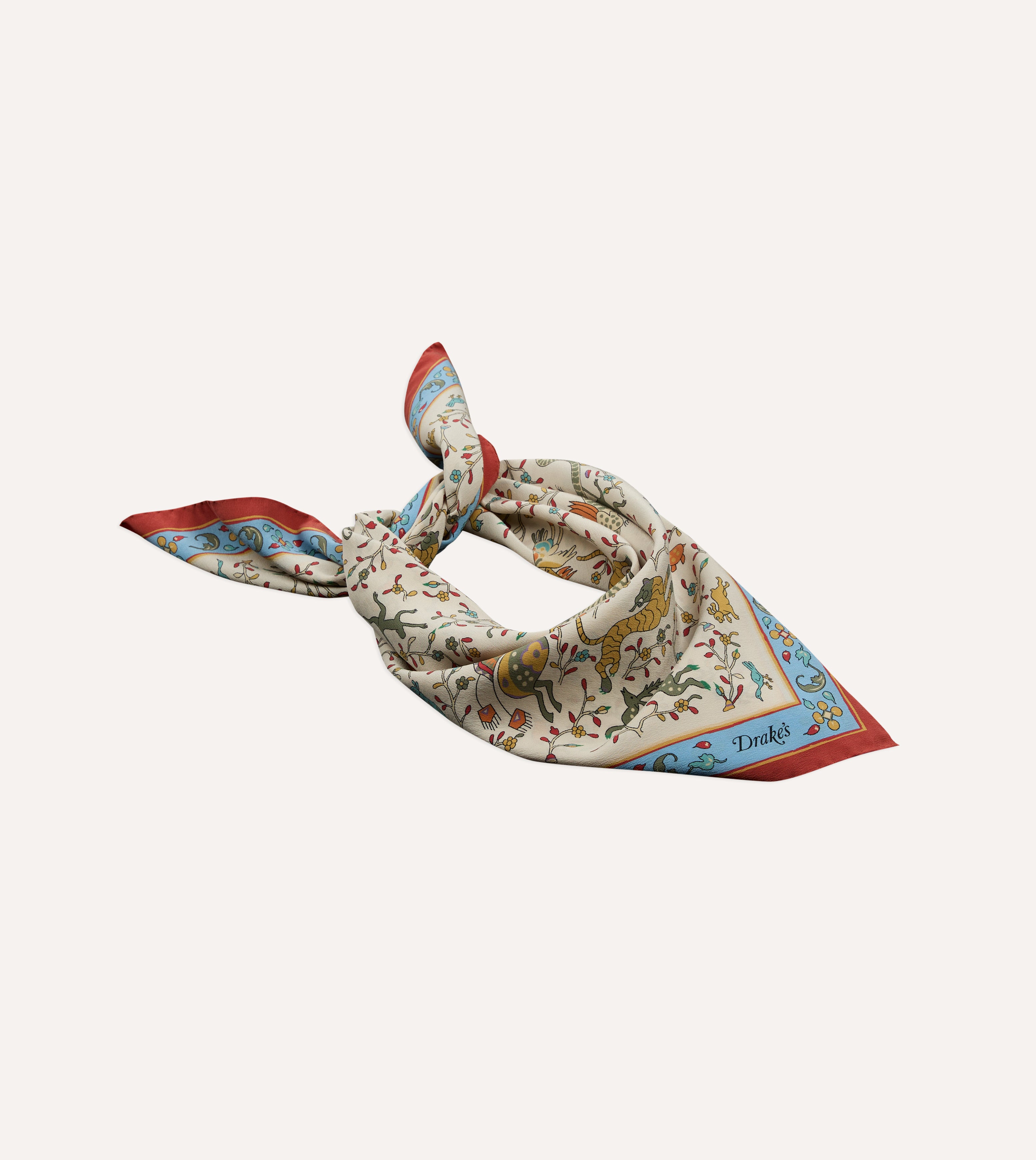 Ecru Animals and Flowers Print Silk Bandana – Drakes US