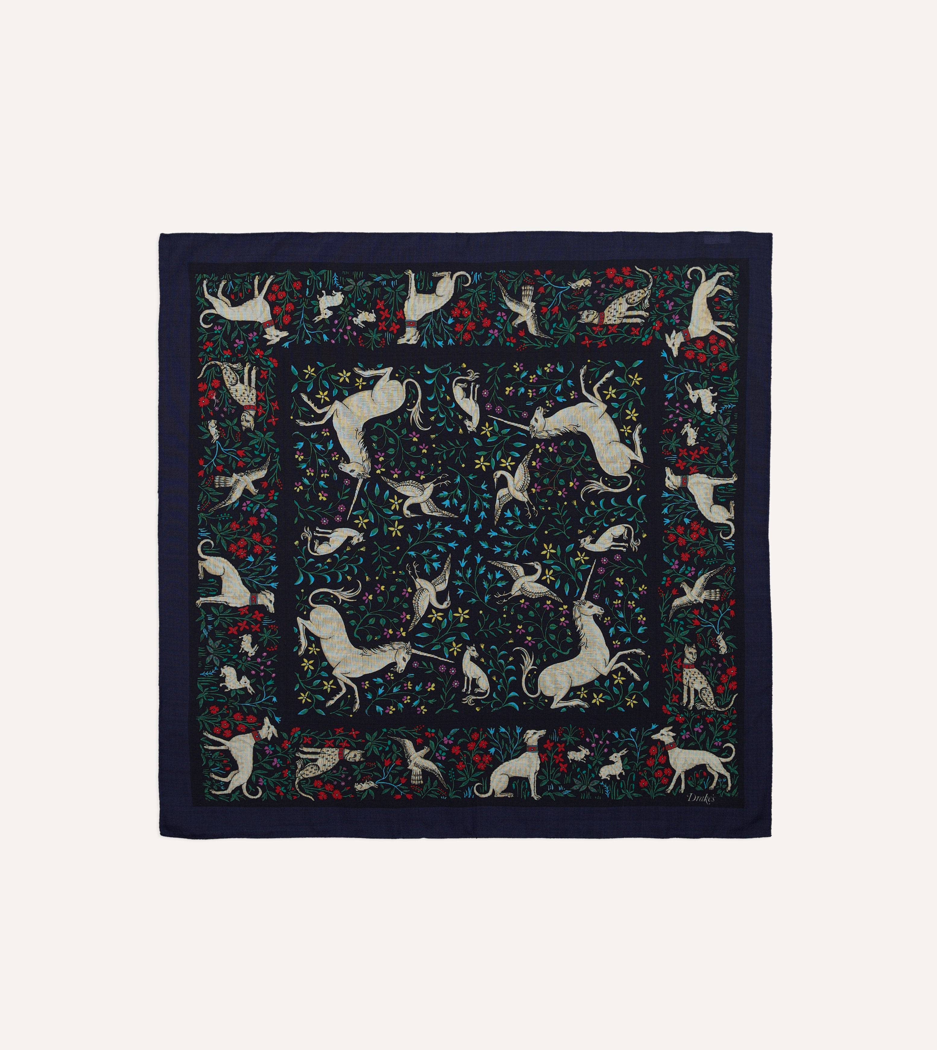 Navy Unicorn Print Wool-Silk Bandana