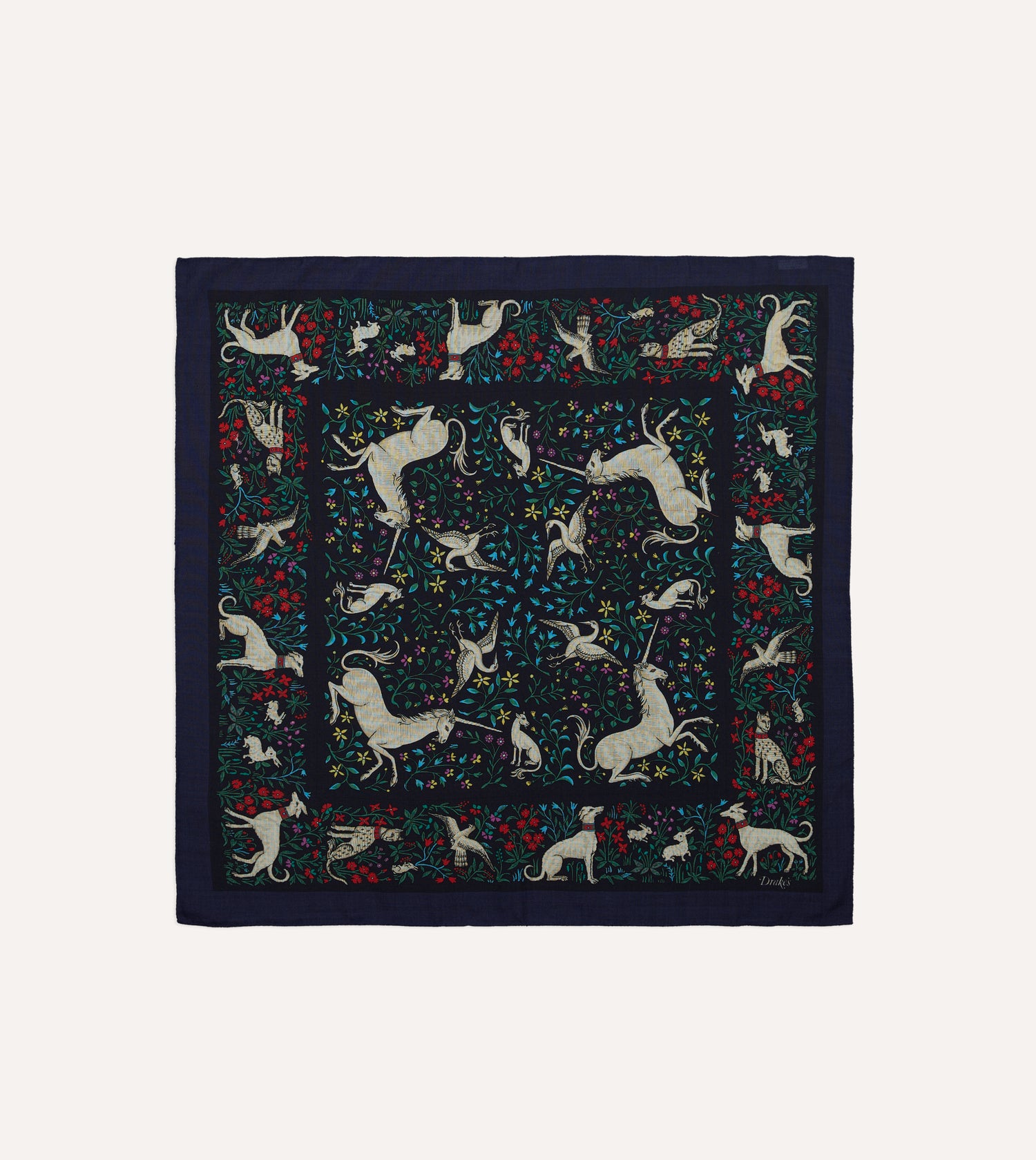 Navy Unicorn Print Wool-Silk Bandana