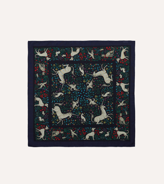 Navy Unicorn Print Wool-Silk Bandana – Drakes US