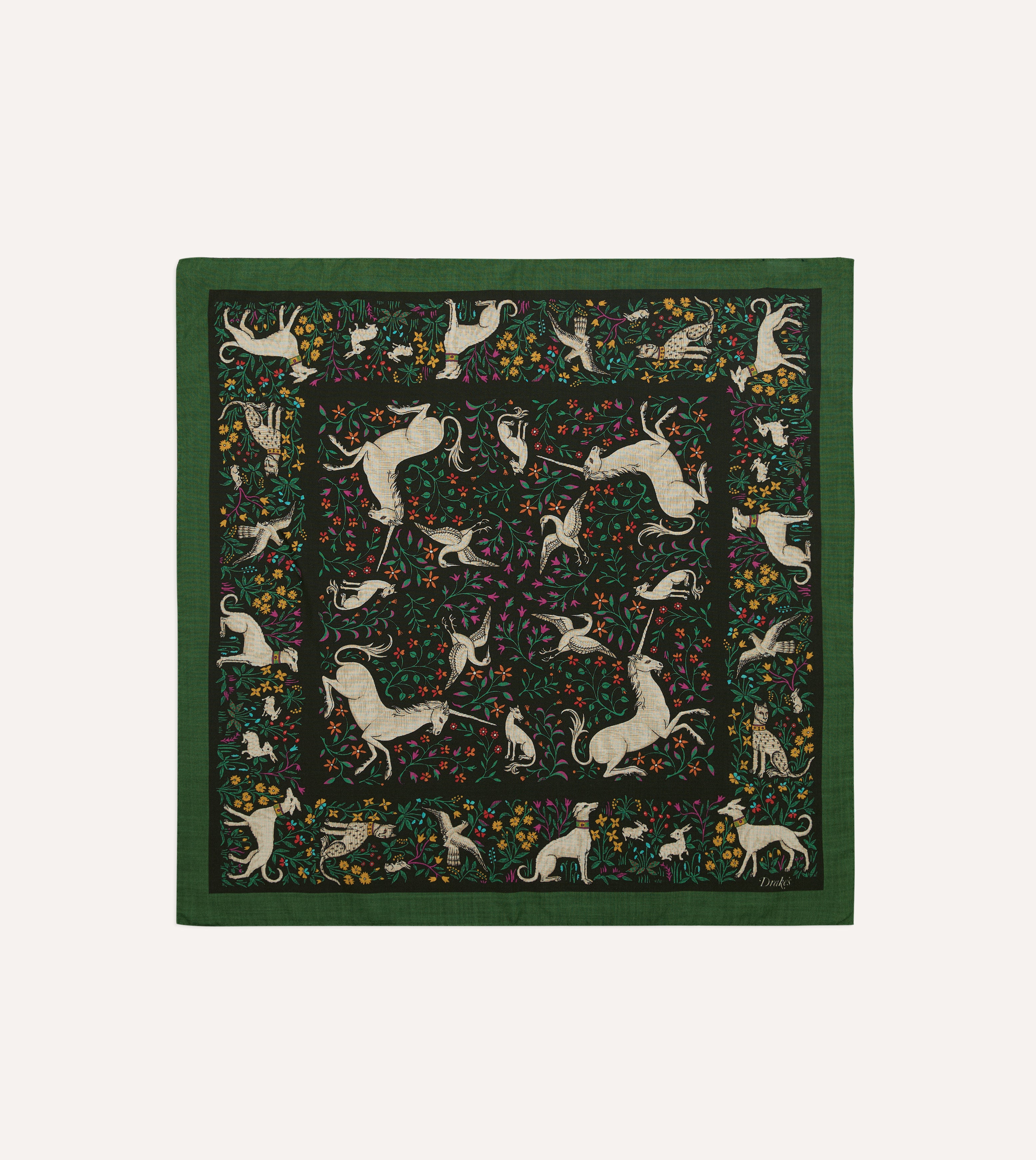 Green Unicorn Print Wool-Silk Bandana
