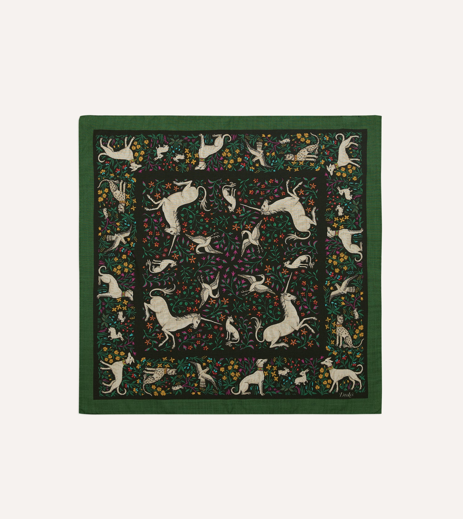 Green Unicorn Print Wool-Silk Bandana