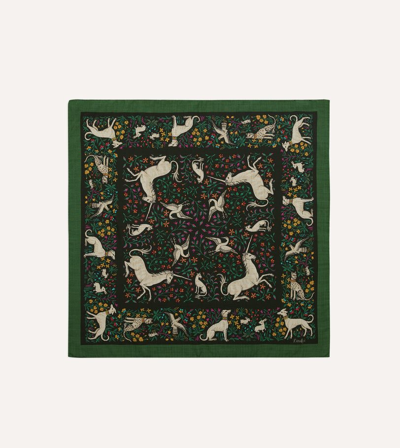 Green Unicorn Print Wool-Silk Bandana